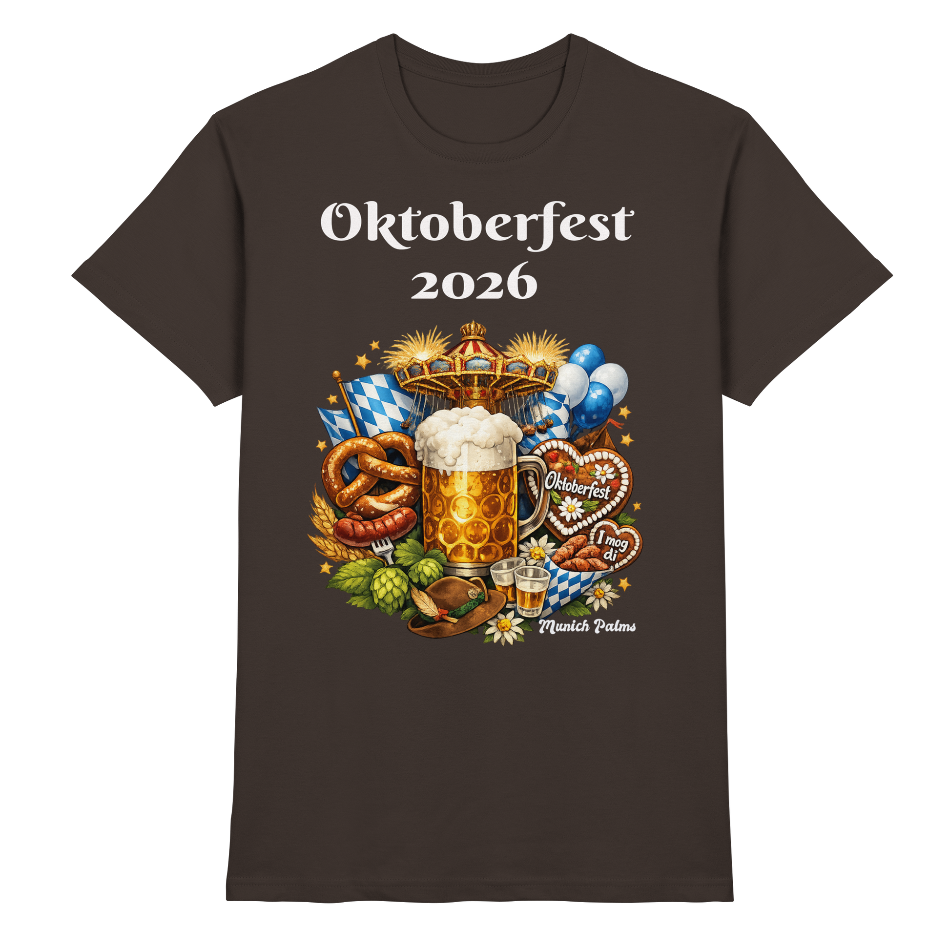 Herren- und Damen-Unisex-Shirt mit Oktoberfest 2026 München Design, braune Premium-Qualität, Frontansicht