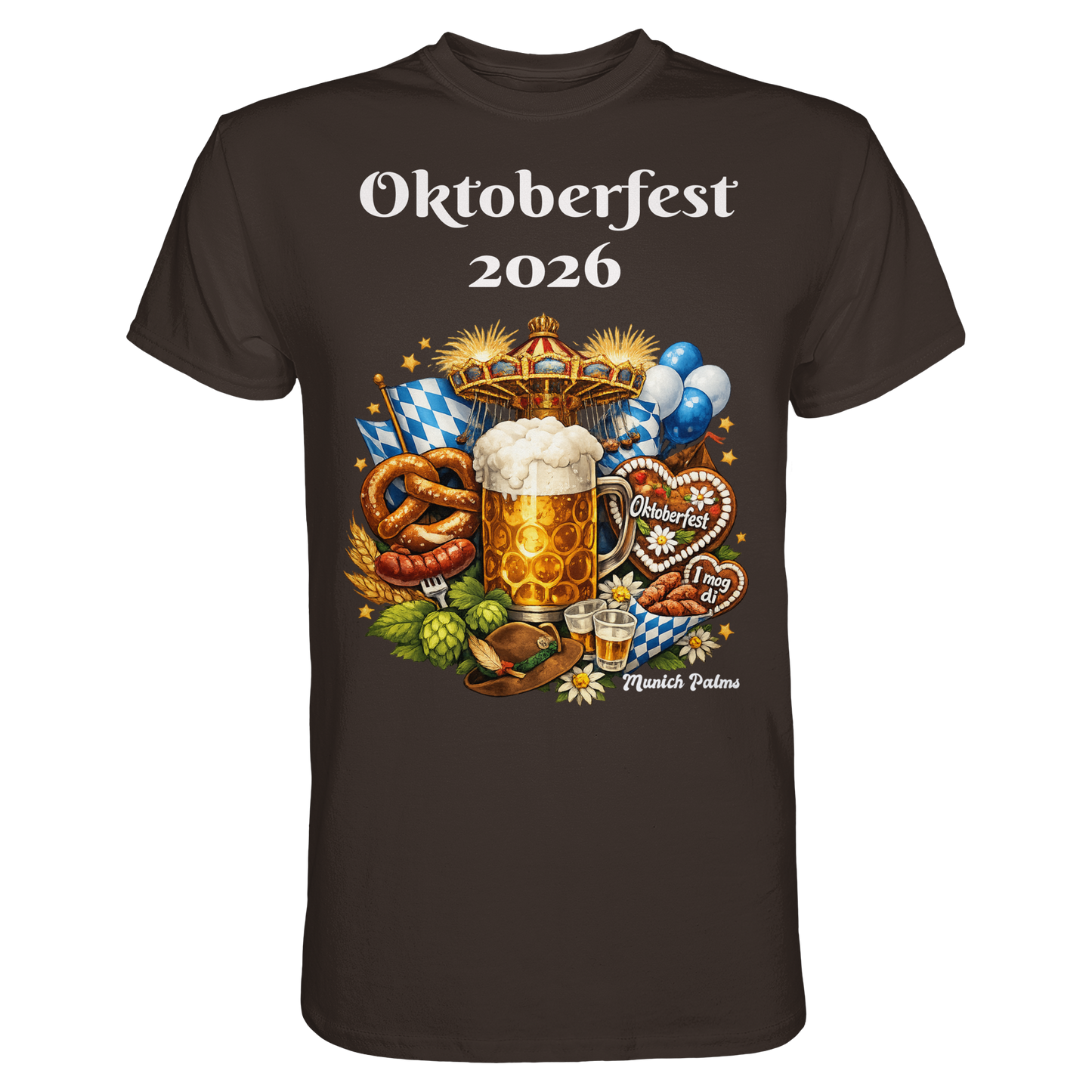 Unisex-Oktoberfest 2026 München Premium-Shirt in Braun, Vorderseite mit Oktoberfest-Design, bequemes Mode-Highlight