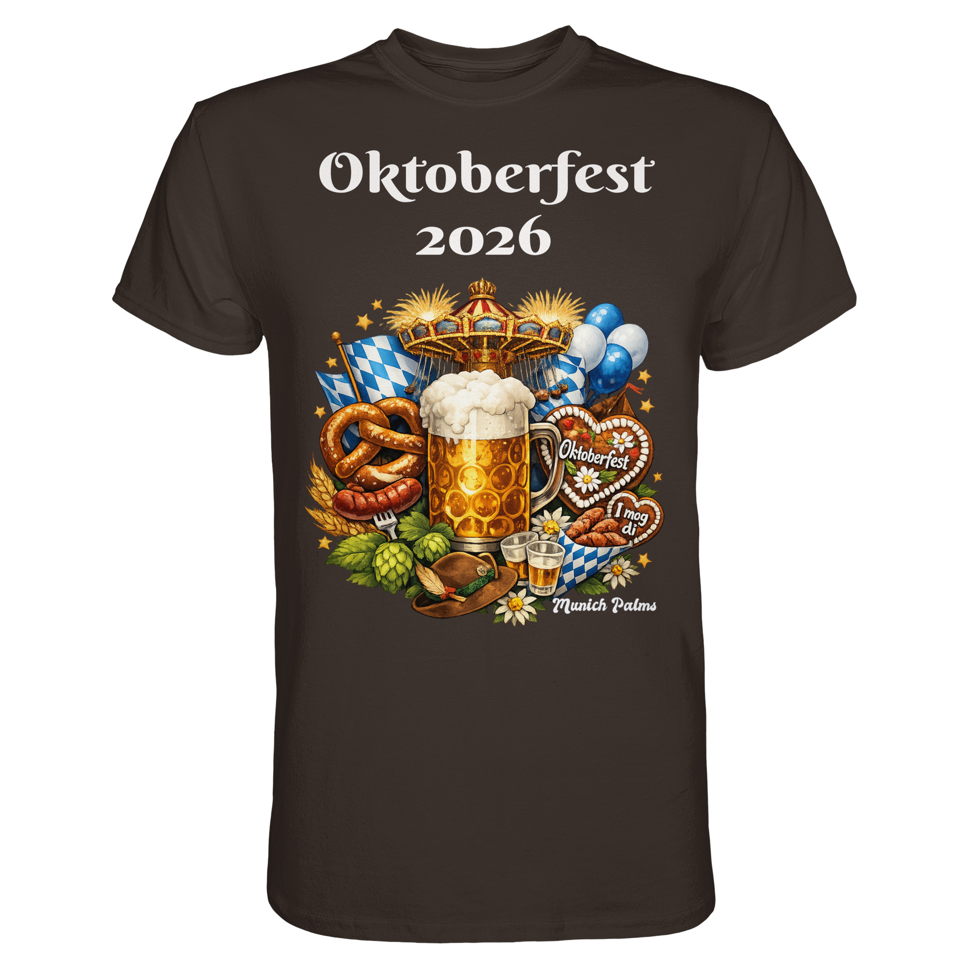 Unisex-Oktoberfest 2026 München Premium-Shirt in Braun, Vorderseite mit Oktoberfest-Design, bequemes Mode-Highlight