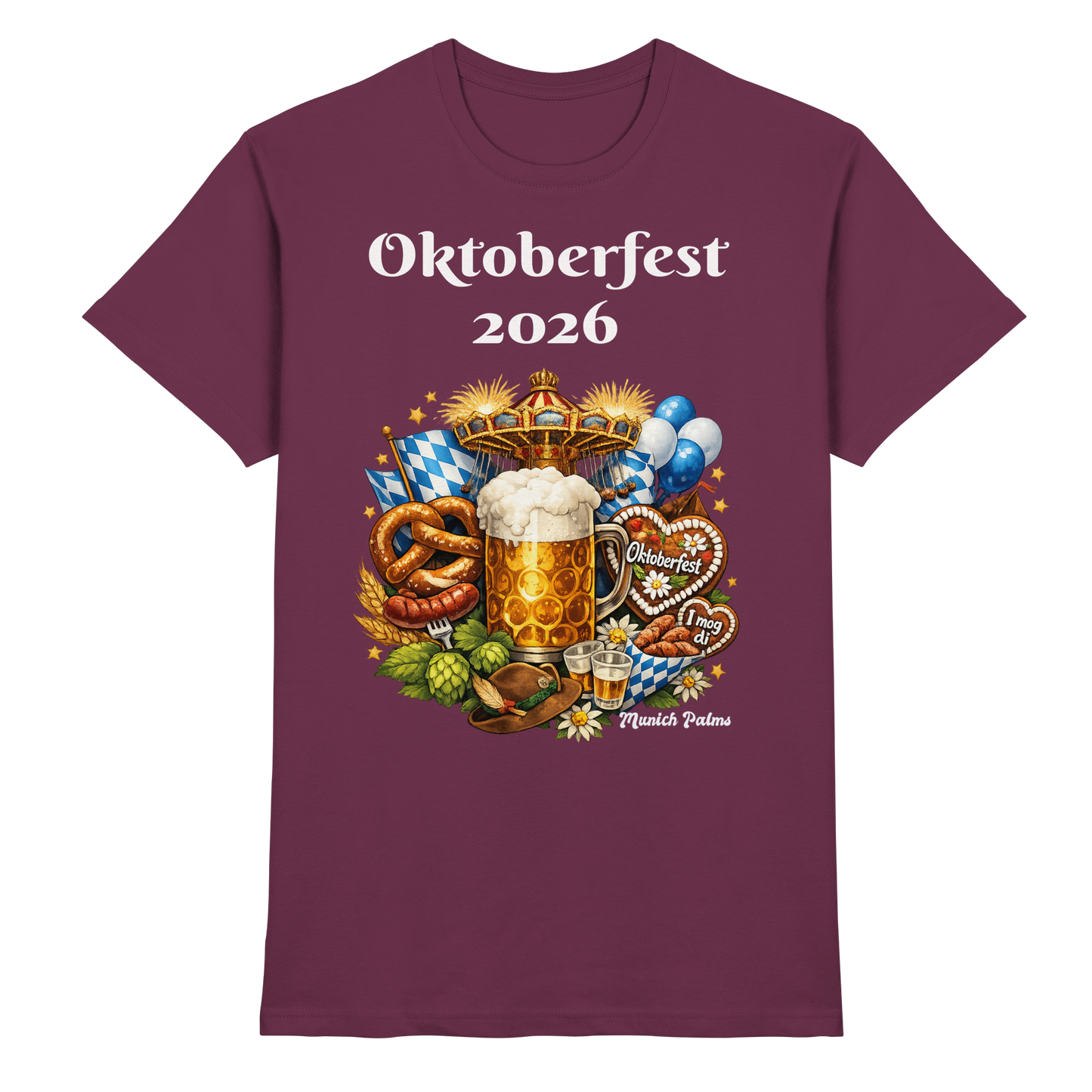 Unisex-Oktoberfest 2026 München Premium Shirt in Burgund, vorne sichtbar, mit Oktoberfest-Design, von Online Kaufhaus München