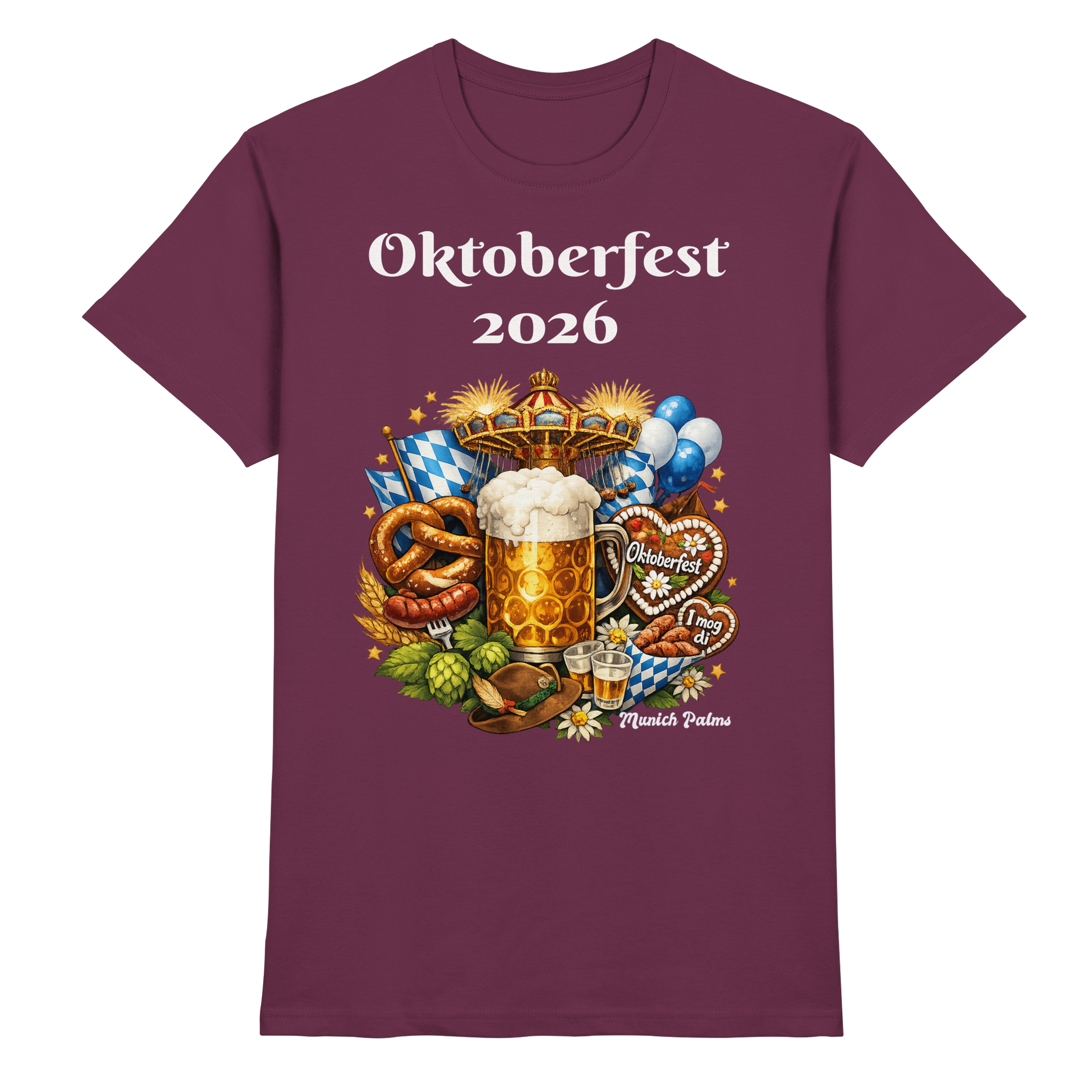 Unisex-Oktoberfest 2026 München Premium Shirt in Burgund, vorne sichtbar, mit Oktoberfest-Design, von Online Kaufhaus München
