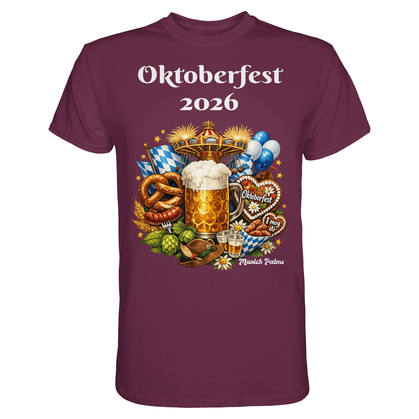 Unisex-Shirt Oktoberfest 2026 München Design in Burgund, Premium Qualität, Frontansicht, stilvolles Trachten-Shirt