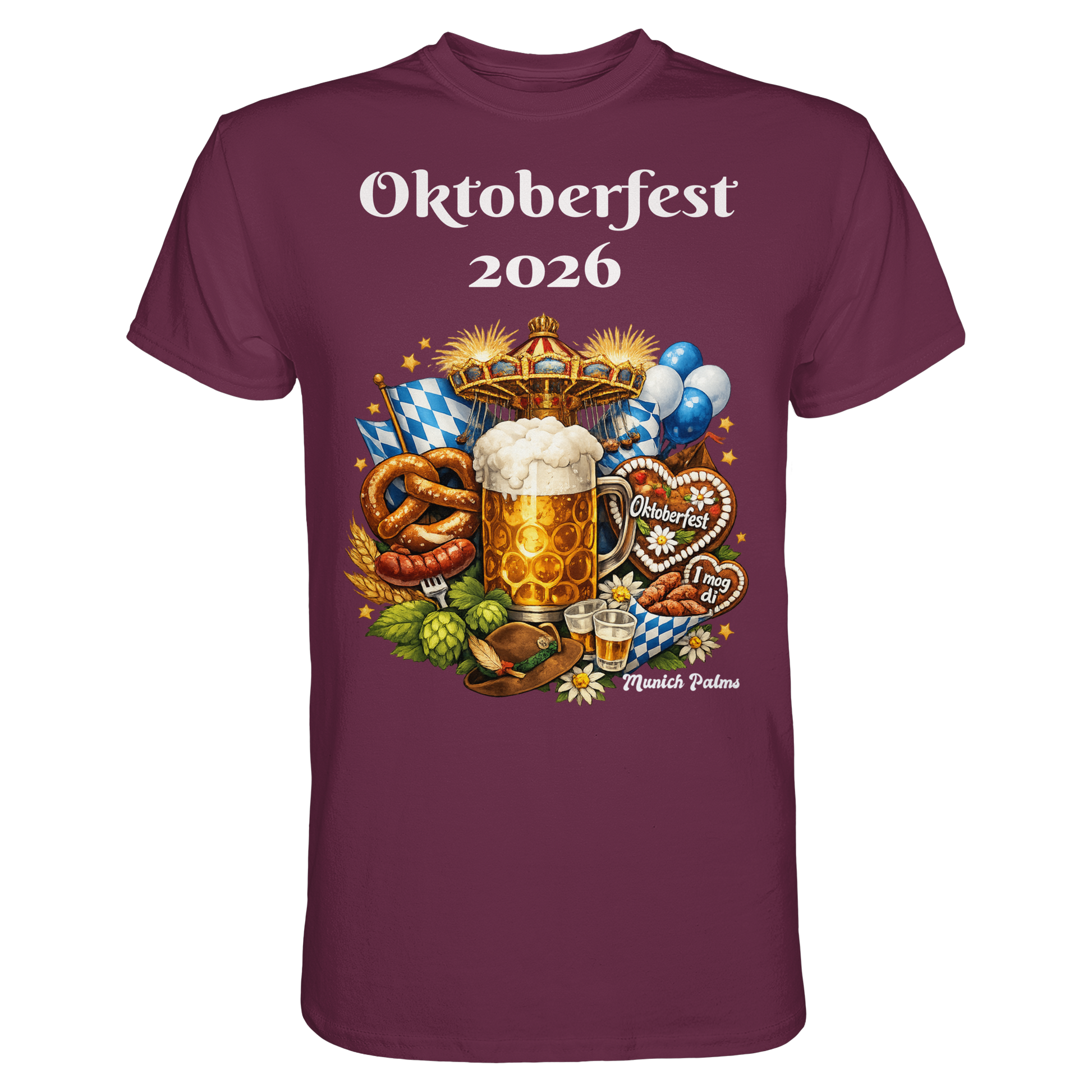 Unisex-Shirt Oktoberfest 2026 München Design in Burgund, Premium Qualität, Frontansicht, stilvolles Trachten-Shirt
