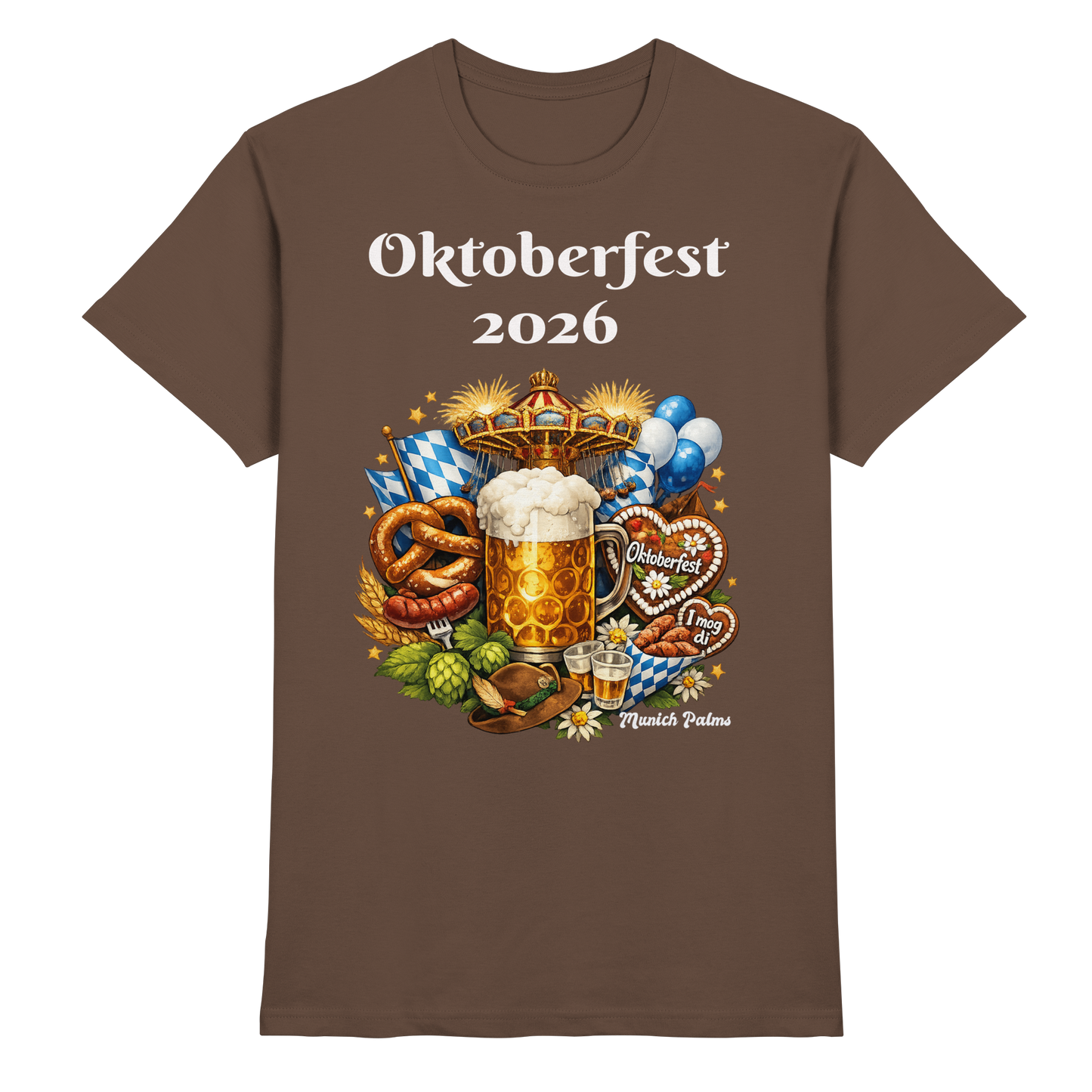Unisex-Oktoberfest 2026 Munich Design Premium-Shirt in Schokolade, Vorderansicht mit Oktoberfest-Motiv, bequeme Passform