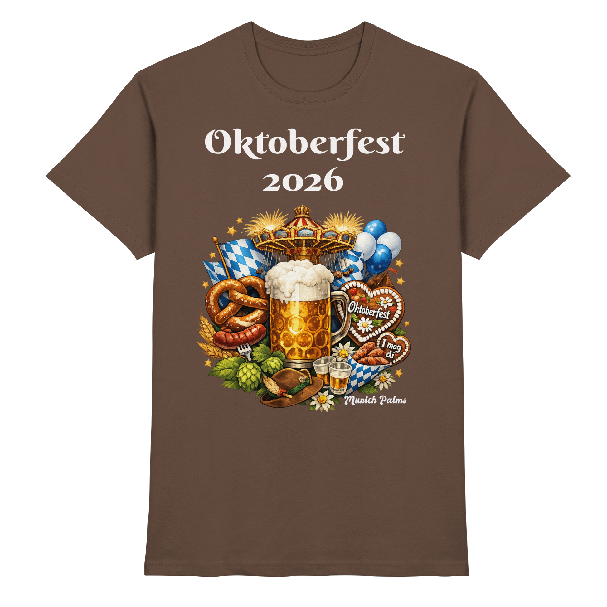 Unisex-Oktoberfest 2026 Munich Design Premium-Shirt in Schokolade, Vorderansicht mit Oktoberfest-Motiv, bequeme Passform