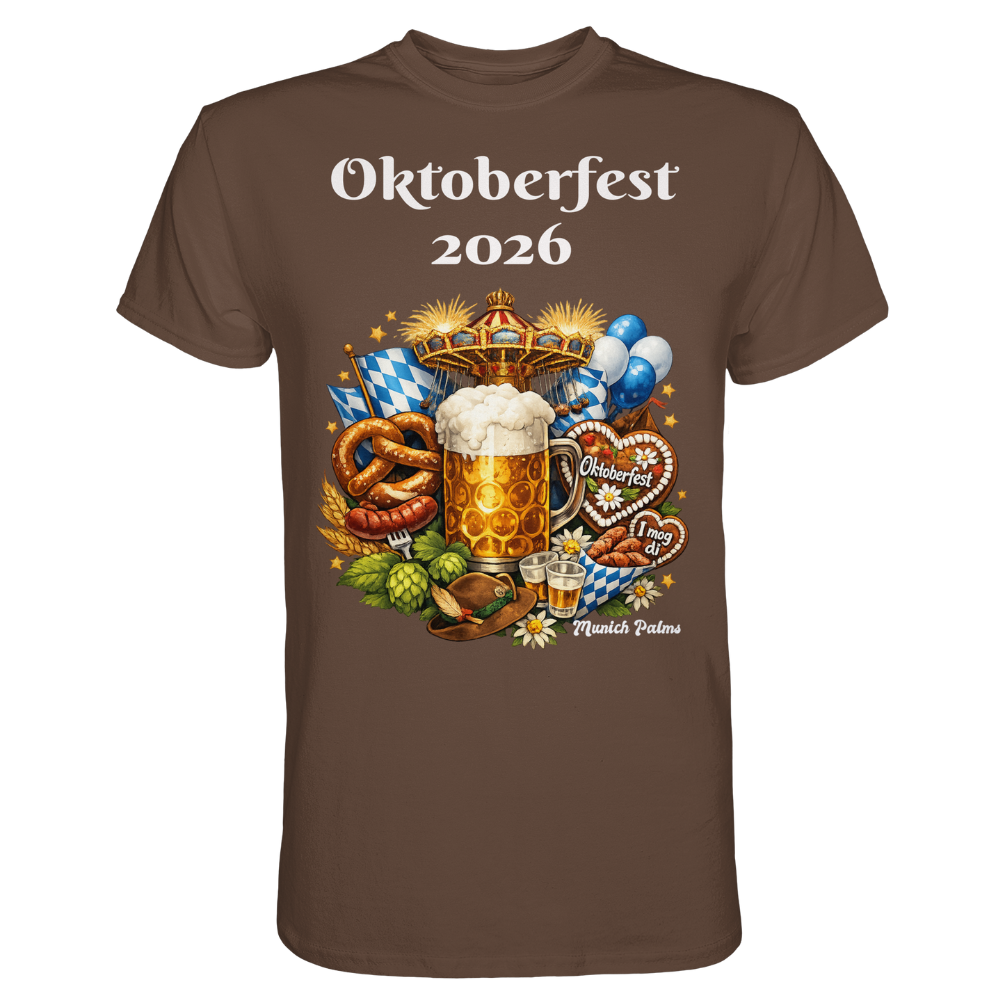 Unisex-Oktoberfest 2026 Munich Design Premium Shirt in Schokolade, vorneansicht, bequemes Festkleid, hochwertiges Material