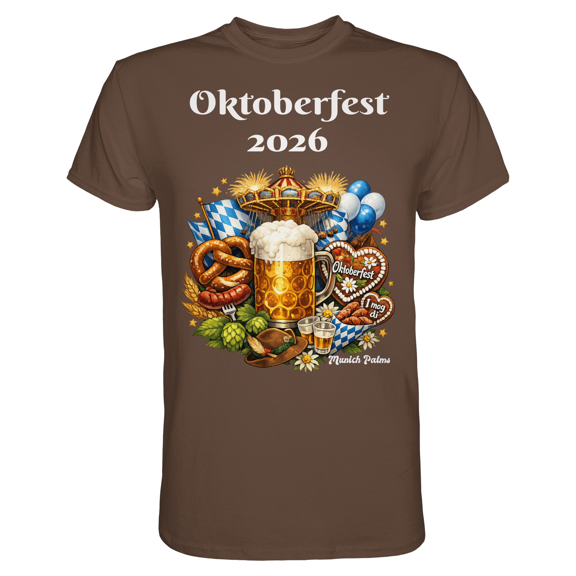 Unisex-Oktoberfest 2026 Munich Design Premium Shirt in Schokolade, vorneansicht, bequemes Festkleid, hochwertiges Material