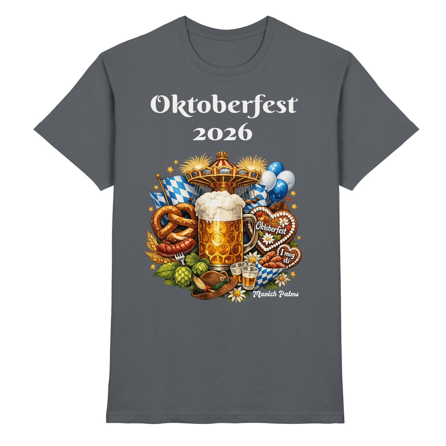 Unisex-Oktoberfest 2026 München T-Shirt in Dunkelgrau mit Oktoberfest-Design, hochwertiges Premium-Shirt von Online Kaufhaus München