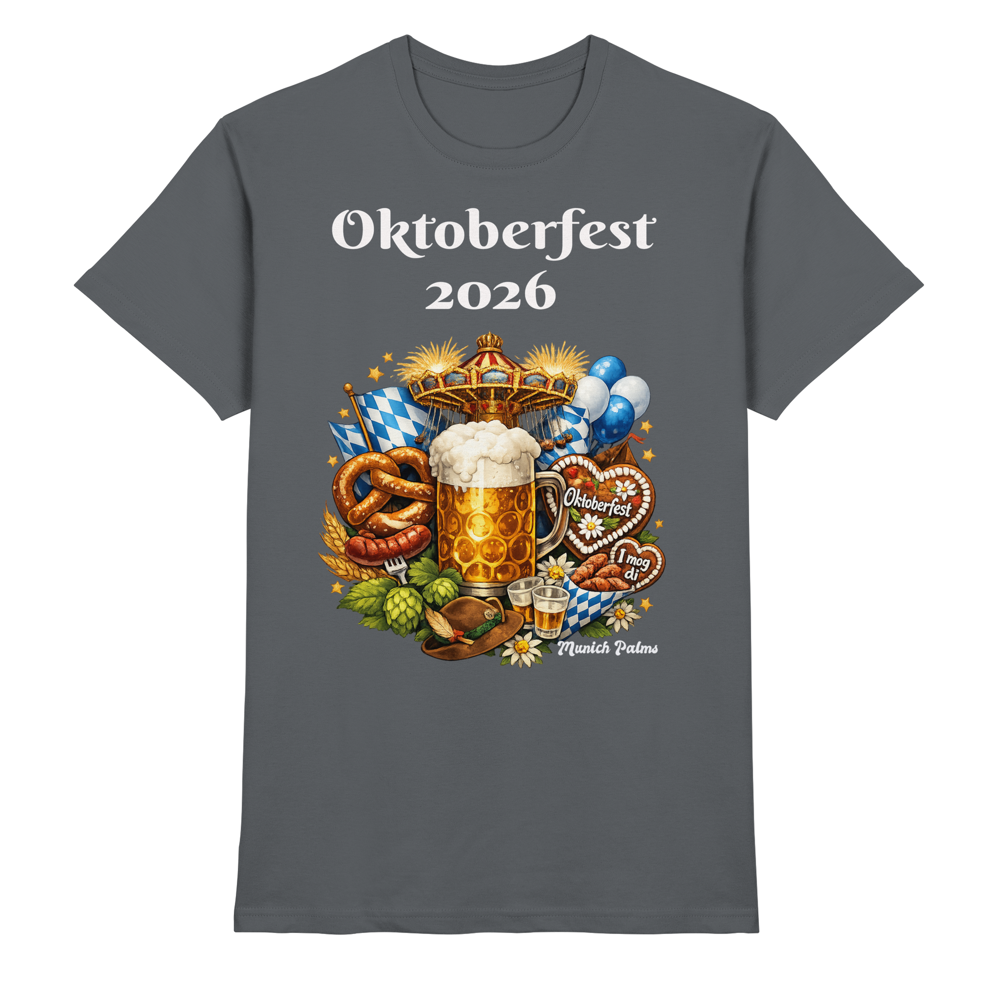 Unisex-Oktoberfest 2026 München T-Shirt in Dunkelgrau mit Oktoberfest-Design, hochwertiges Premium-Shirt von Online Kaufhaus München