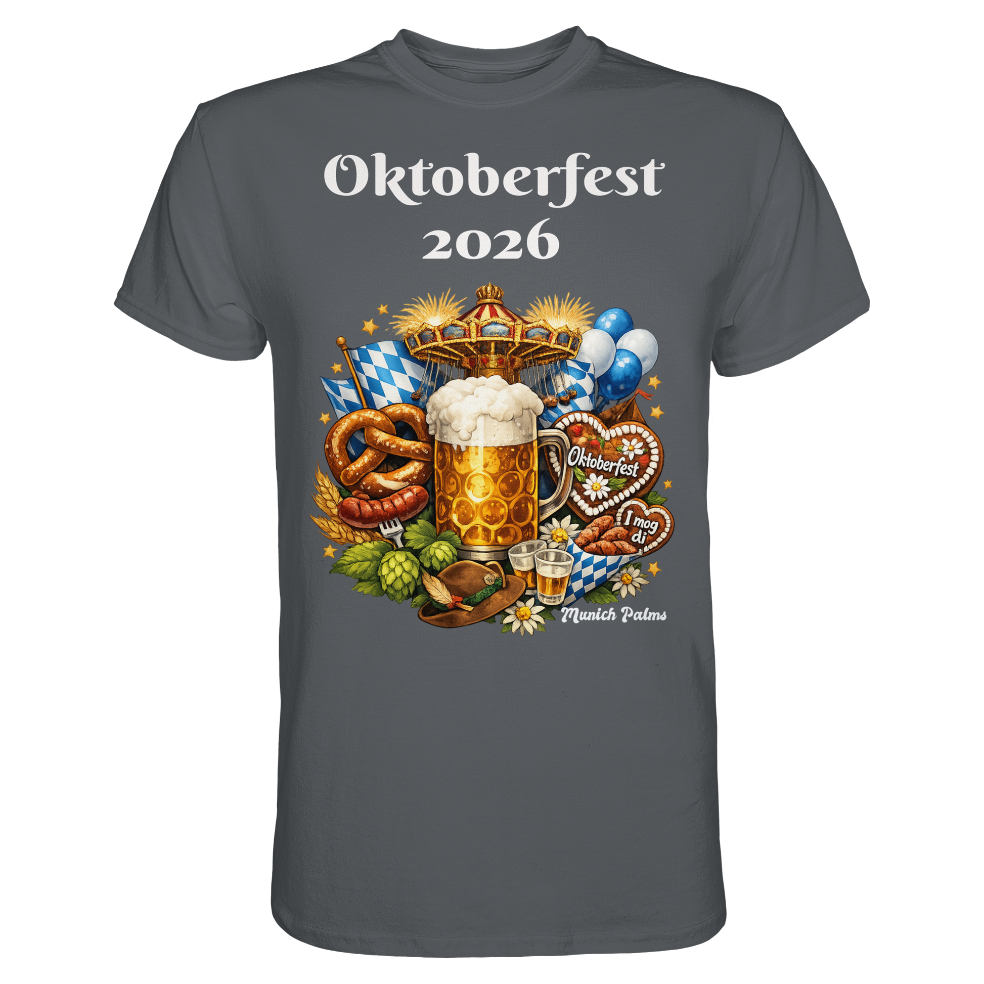 Unisex-Oktoberfest 2026 München Design Premium-Shirt in Dunkelgrau, vorneansicht, bequeme Passform, typisch deutsches Trachtenmuster
