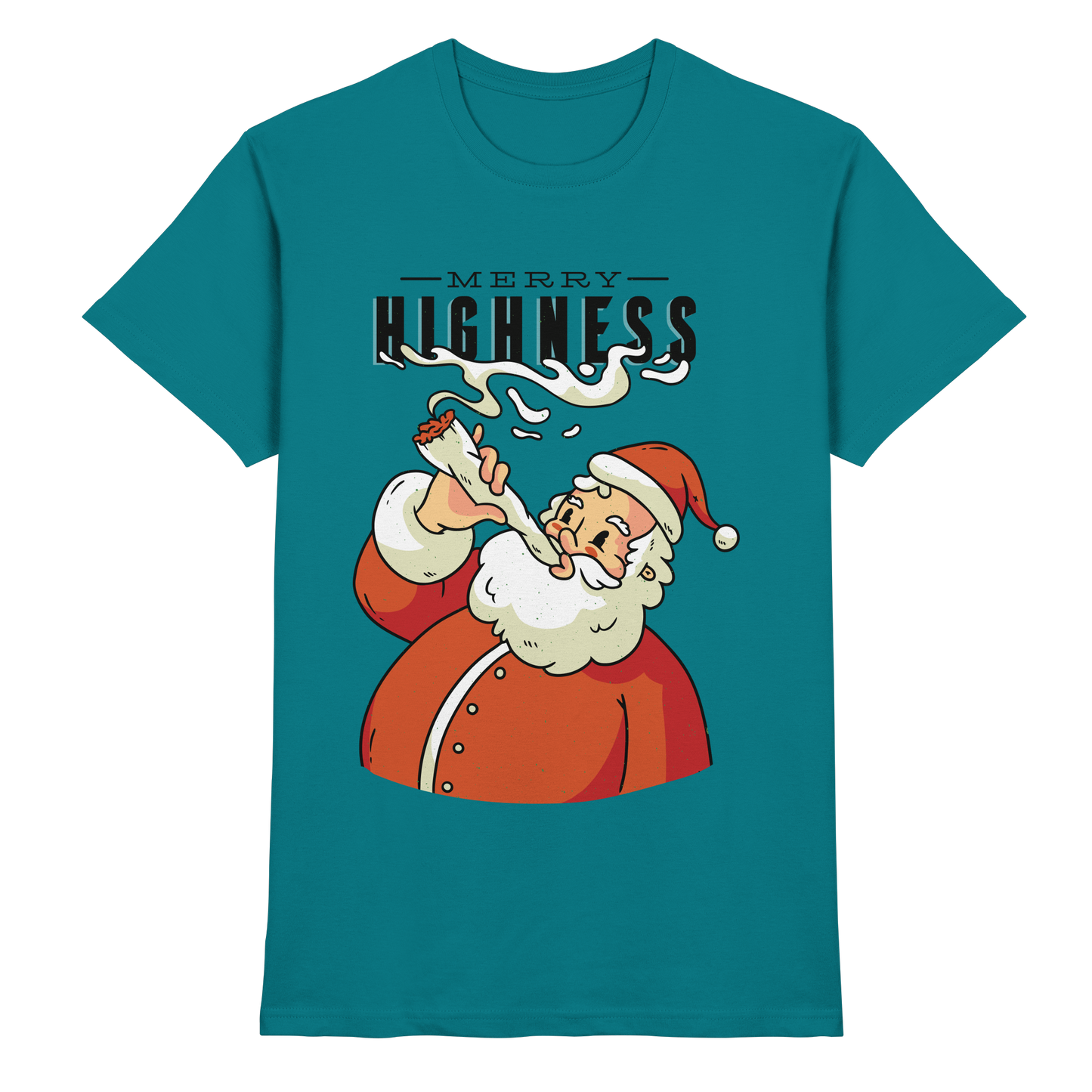 A Christmas motif featuring a pot-smoking Santa Claus, Merry Highness - Premium Shirt