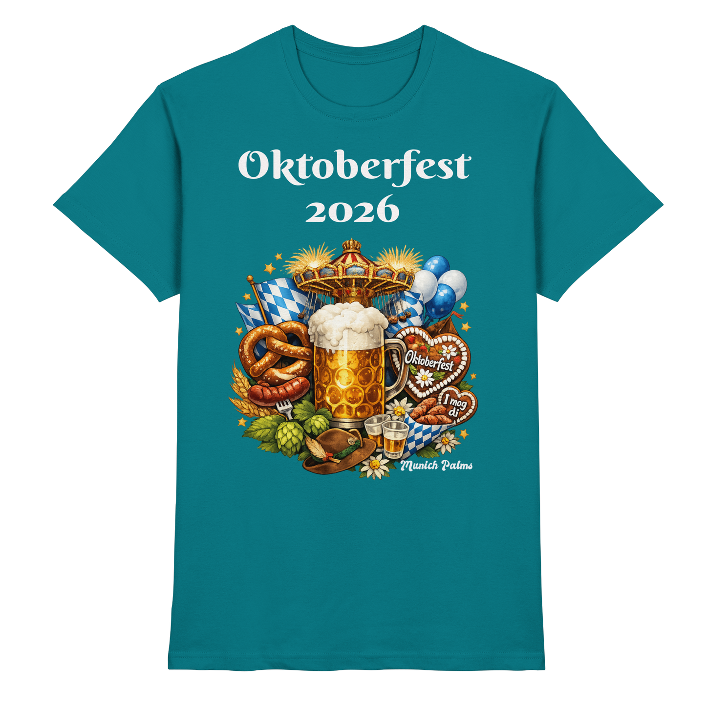 Unisex-Oktoberfest 2026 Munich Design Premium-Shirt in Blau, Frontansicht, bequemes T-Shirt für festliche Anlässe