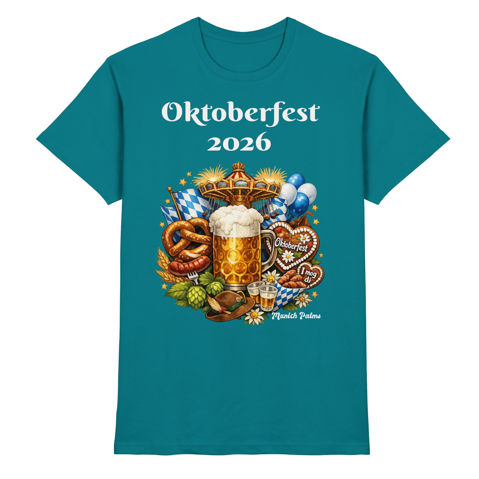 Unisex-Oktoberfest 2026 Munich Design Premium-Shirt in Blau, Frontansicht, bequemes T-Shirt für festliche Anlässe