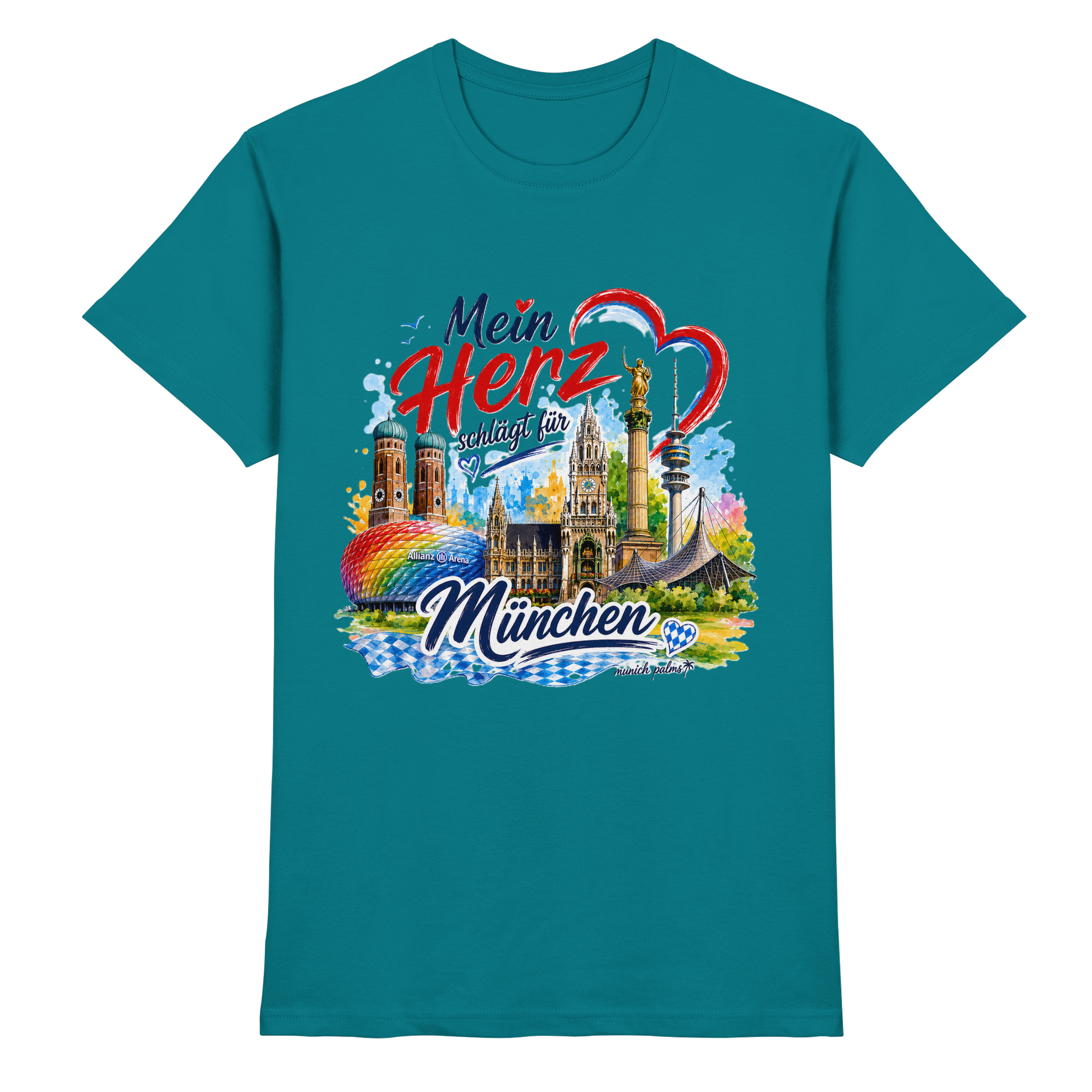 Unisex-Shirt "Mein Herz schlägt für München" mit buntem Münchner Wahrzeichen, blaues Design, frontansicht, Premium-Qualität.