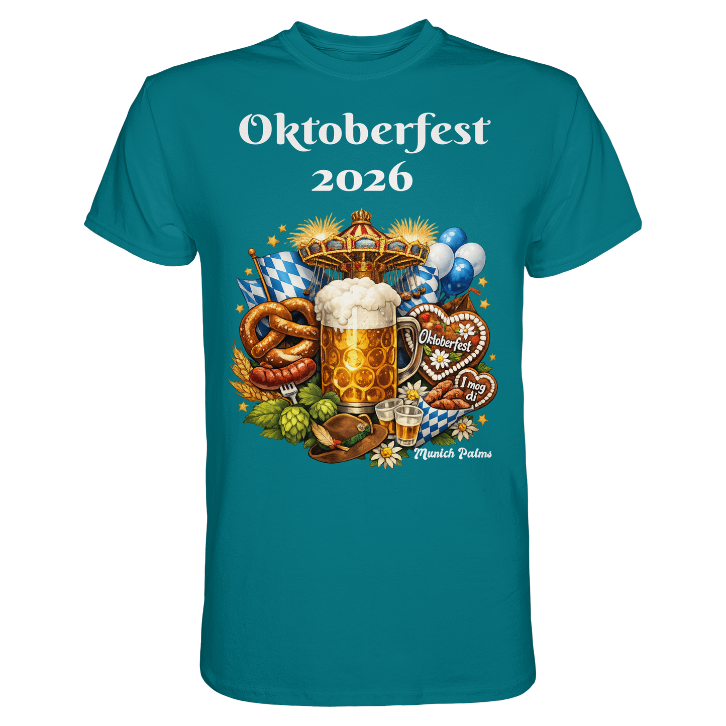 Unisex-Oktoberfest 2026 München Design Premium-Shirt in Diva-Blau, vorneansicht, bequem und stilvoll für das Fest.