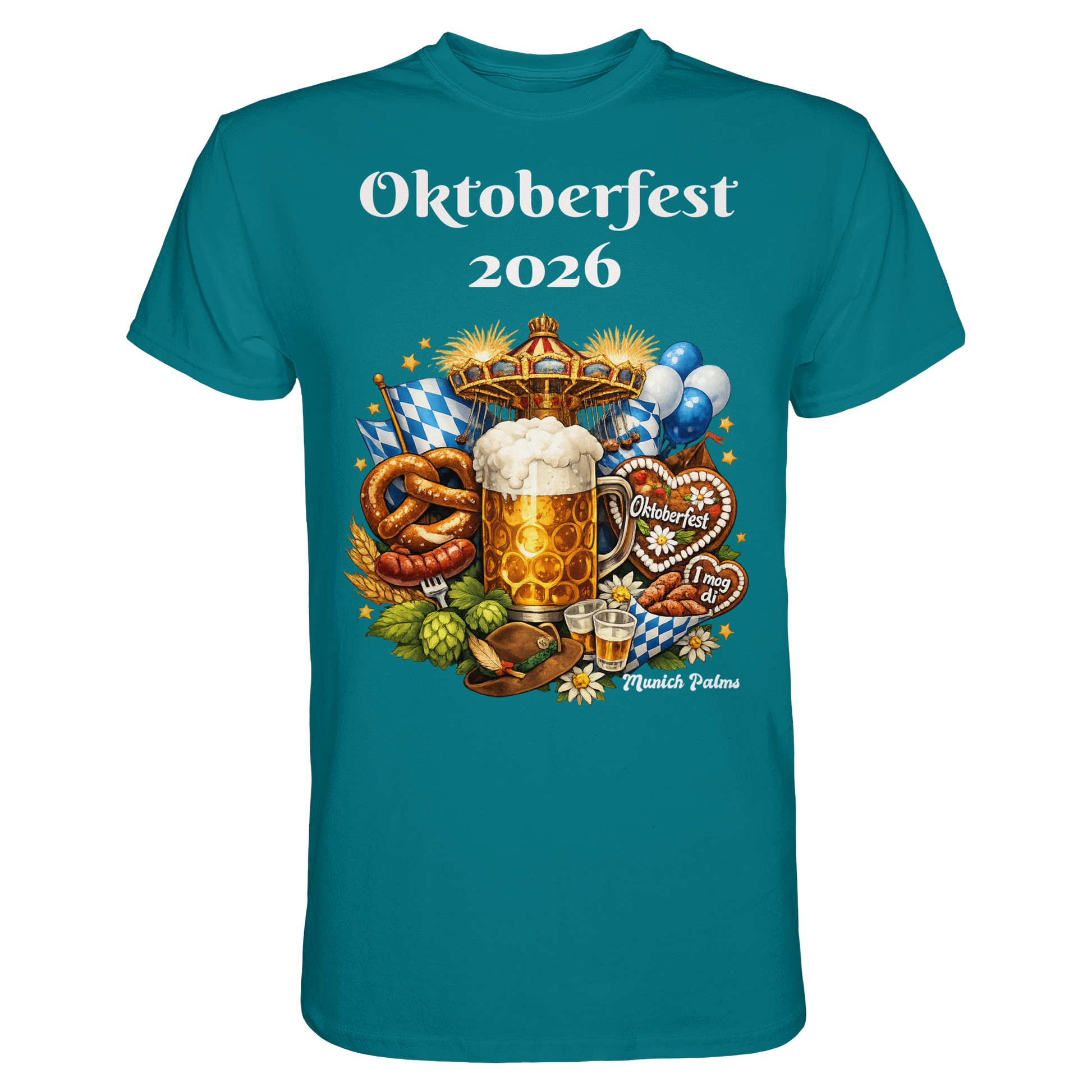 Unisex-Oktoberfest 2026 München Design Premium-Shirt in Diva-Blau, vorneansicht, bequem und stilvoll für das Fest.