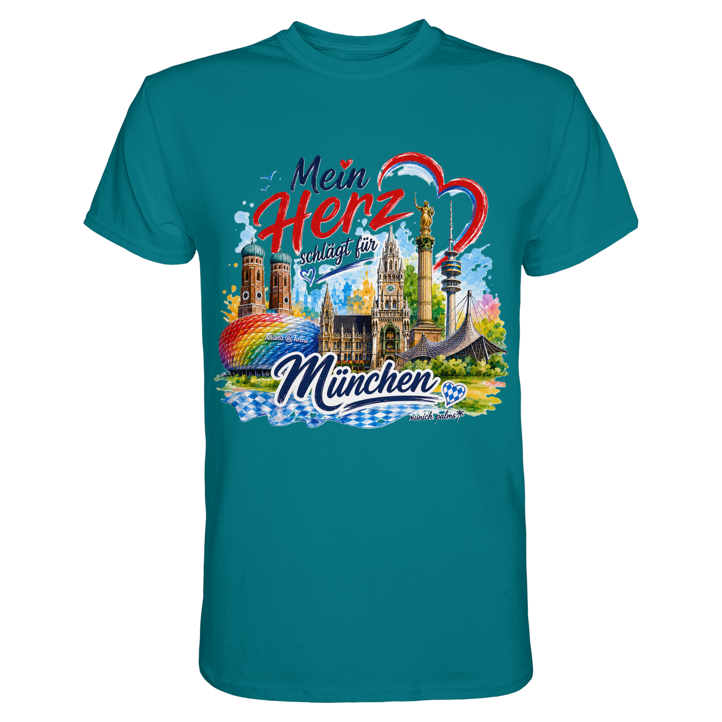 Unisex-Shirt in Blau mit buntem München-Design, Herz und Wahrzeichen, von Munich Palms, sichtbar im Vordergrund.