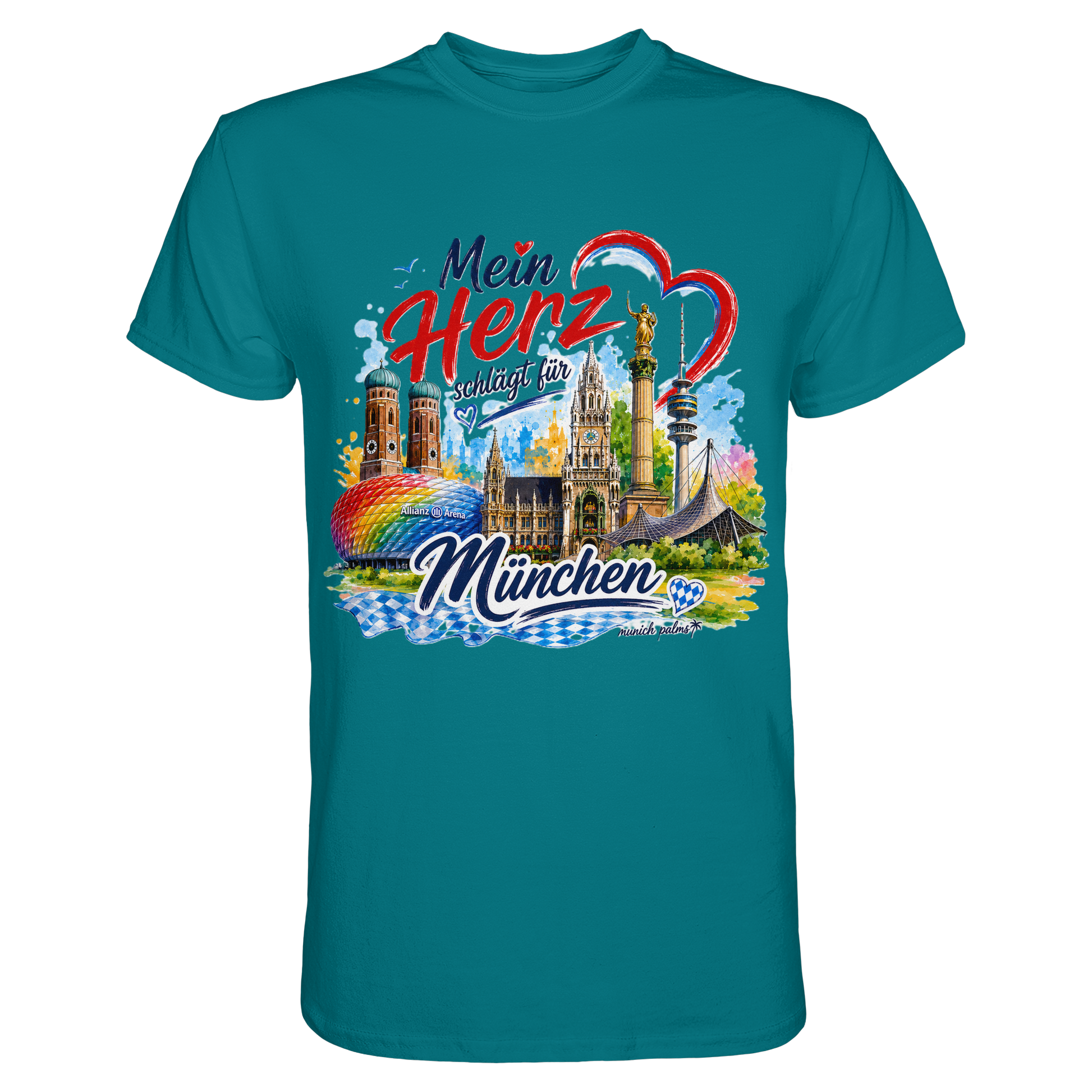 Unisex-Shirt in Blau mit buntem München-Design, Herz und Wahrzeichen, von Munich Palms, sichtbar im Vordergrund.