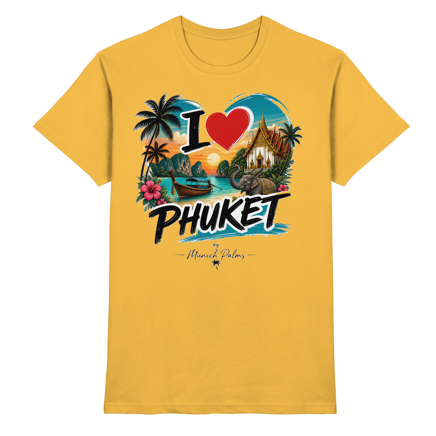 Unisex-Shirt "I love Phuket" in Gold, hochwertiges Premium-Shirt, vorne sichtbar, von Online Kaufhaus München.