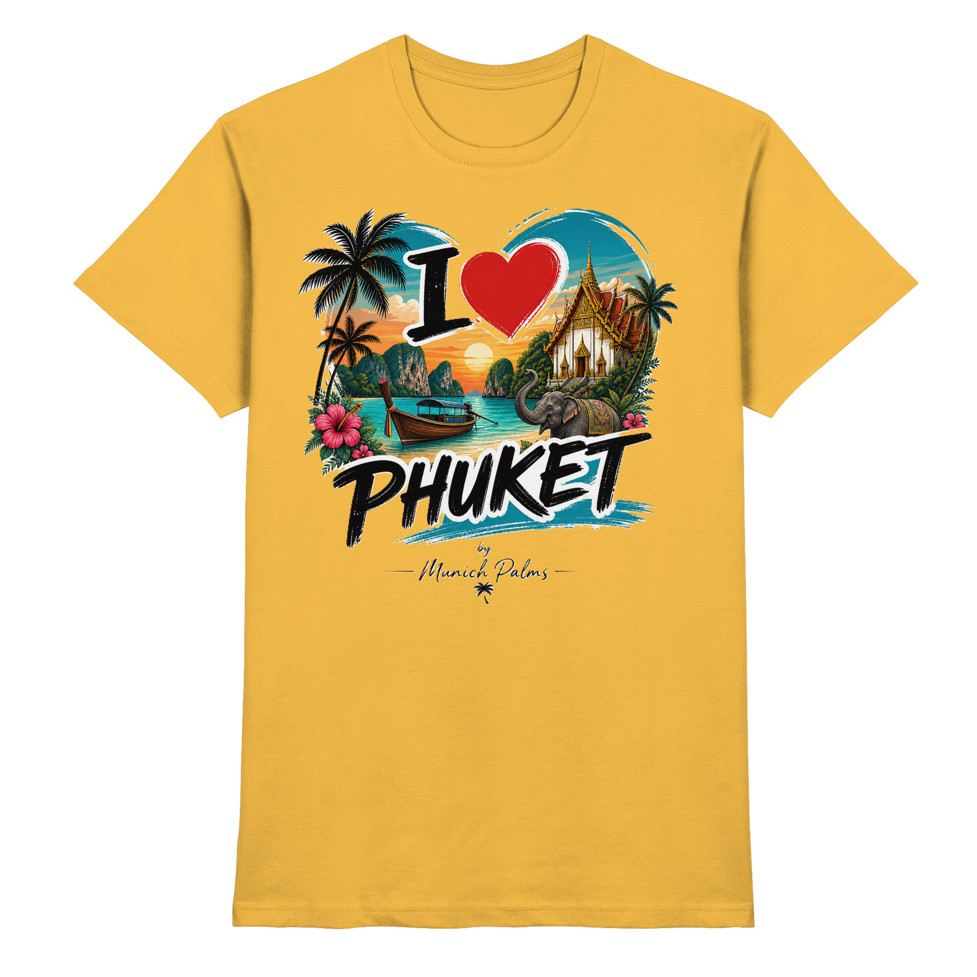 Unisex-Shirt "I love Phuket" in Gold, hochwertiges Premium-Shirt, vorne sichtbar, von Online Kaufhaus München.