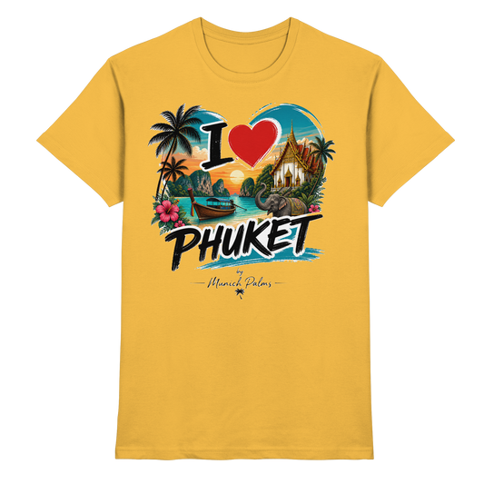 Unisex-Shirt "I love Phuket" in Gold, hochwertiges Premium-Shirt, vorne sichtbar, von Online Kaufhaus München.