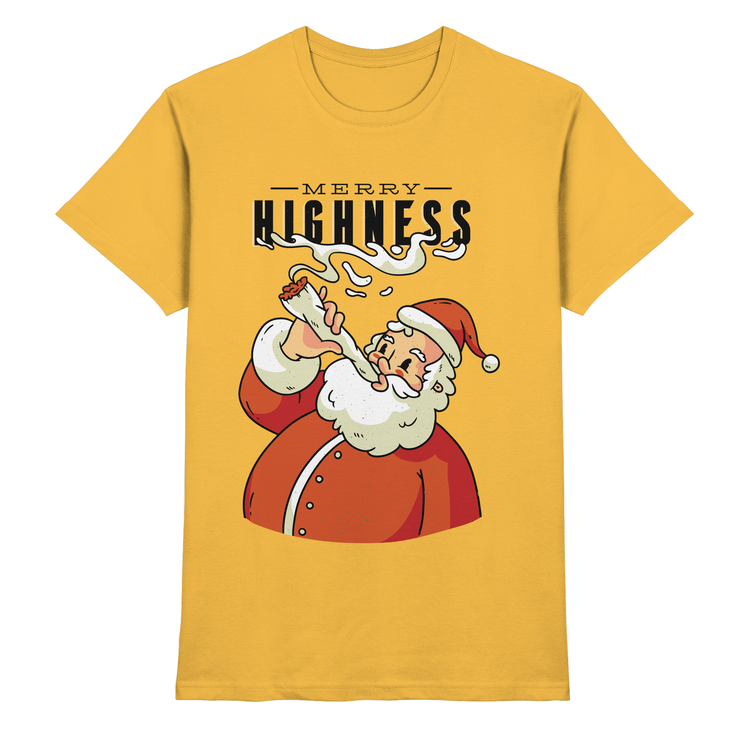 A Christmas motif featuring a pot-smoking Santa Claus, Merry Highness - Premium Shirt