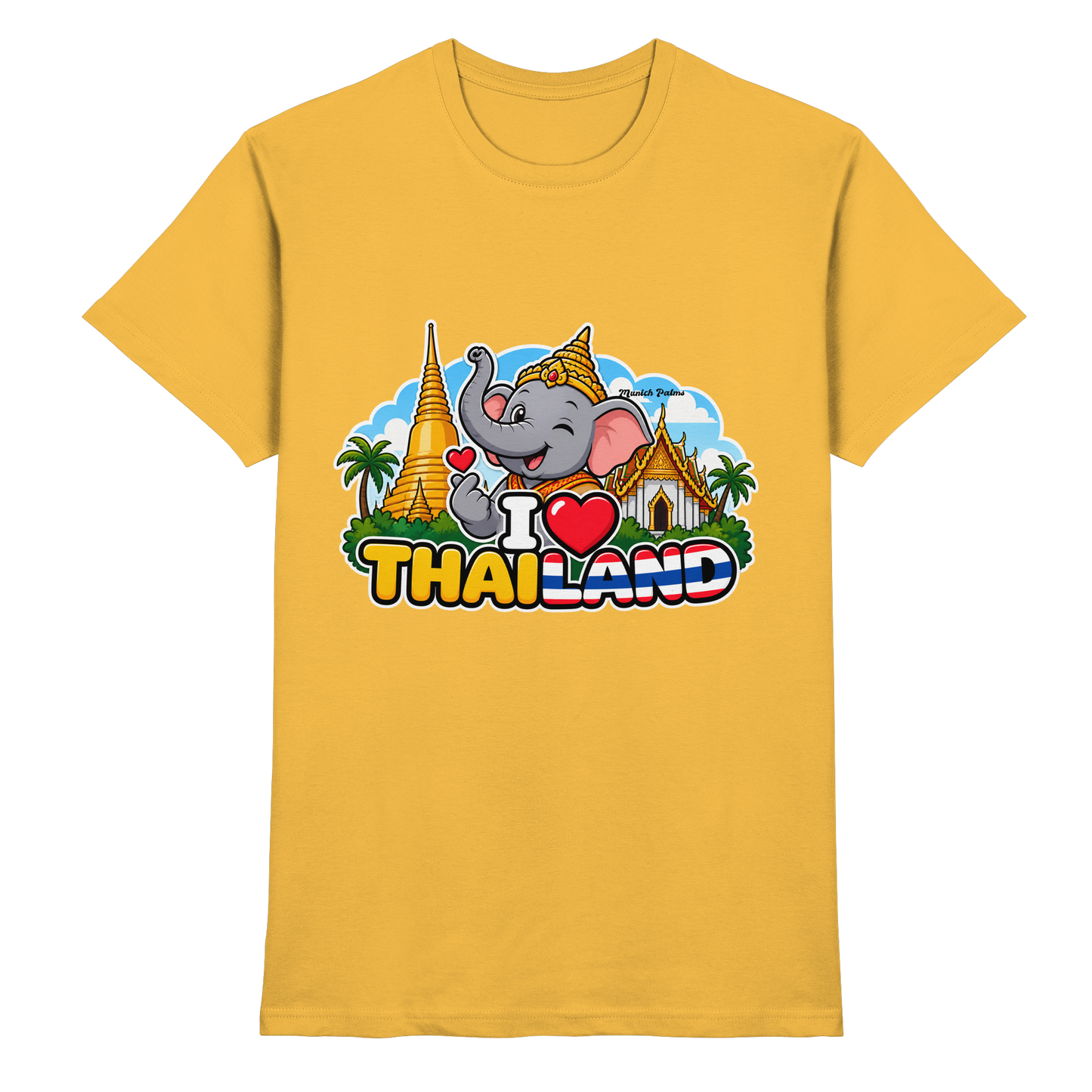 Unisex-Shirt "I Love Thailand" mit lachendem Elefanten im Munich Palms Design, goldfarben, Vorderansicht, Premium-Qualität