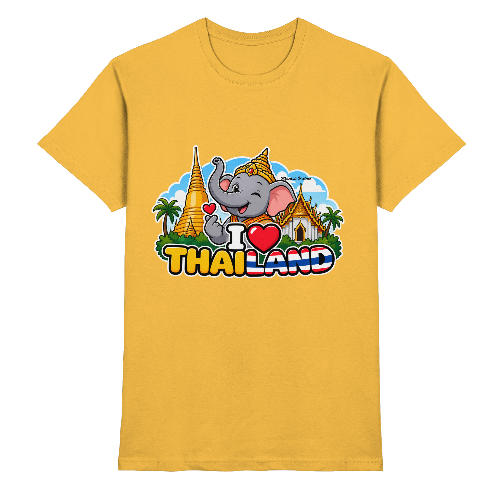 Unisex-Shirt "I Love Thailand" mit lachendem Elefanten im Munich Palms Design, goldfarben, Vorderansicht, Premium-Qualität