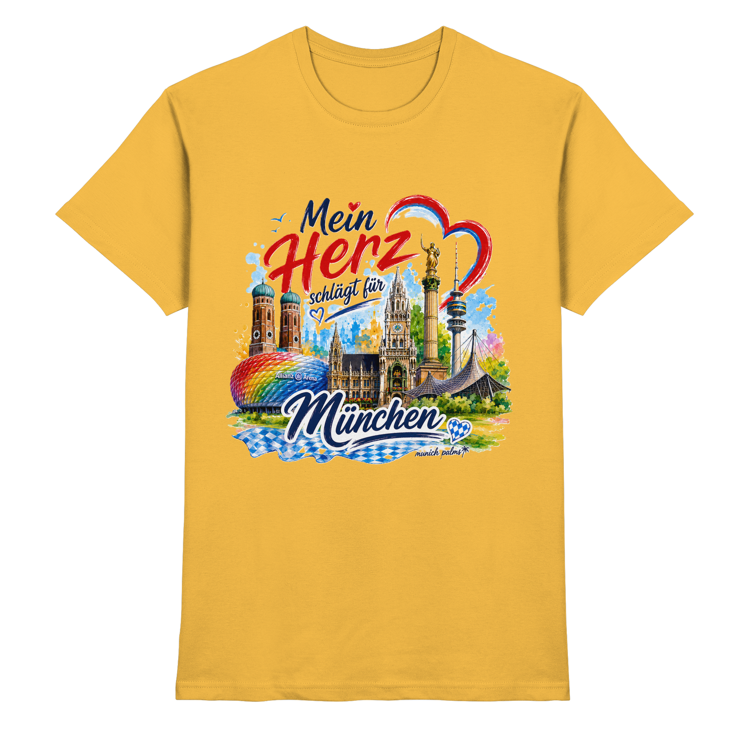 Unisex-Shirt mit buntem Münchner Wahrzeichen und goldener Schrift, hochwertiges Design von Munich Palms, für München-Liebhaber