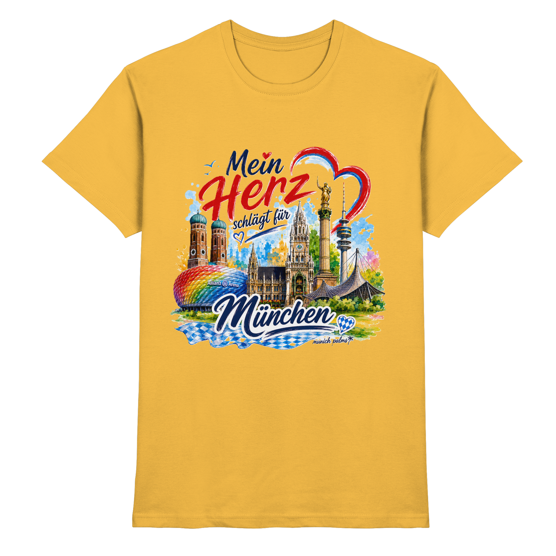 Unisex-Shirt mit buntem Münchner Wahrzeichen und goldener Schrift, hochwertiges Design von Munich Palms, für München-Liebhaber
