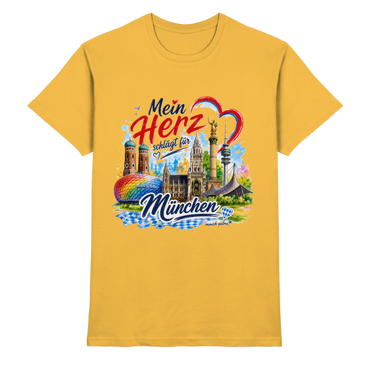 Unisex-Shirt mit buntem Münchner Wahrzeichen und goldener Schrift, hochwertiges Design von Munich Palms, für München-Liebhaber