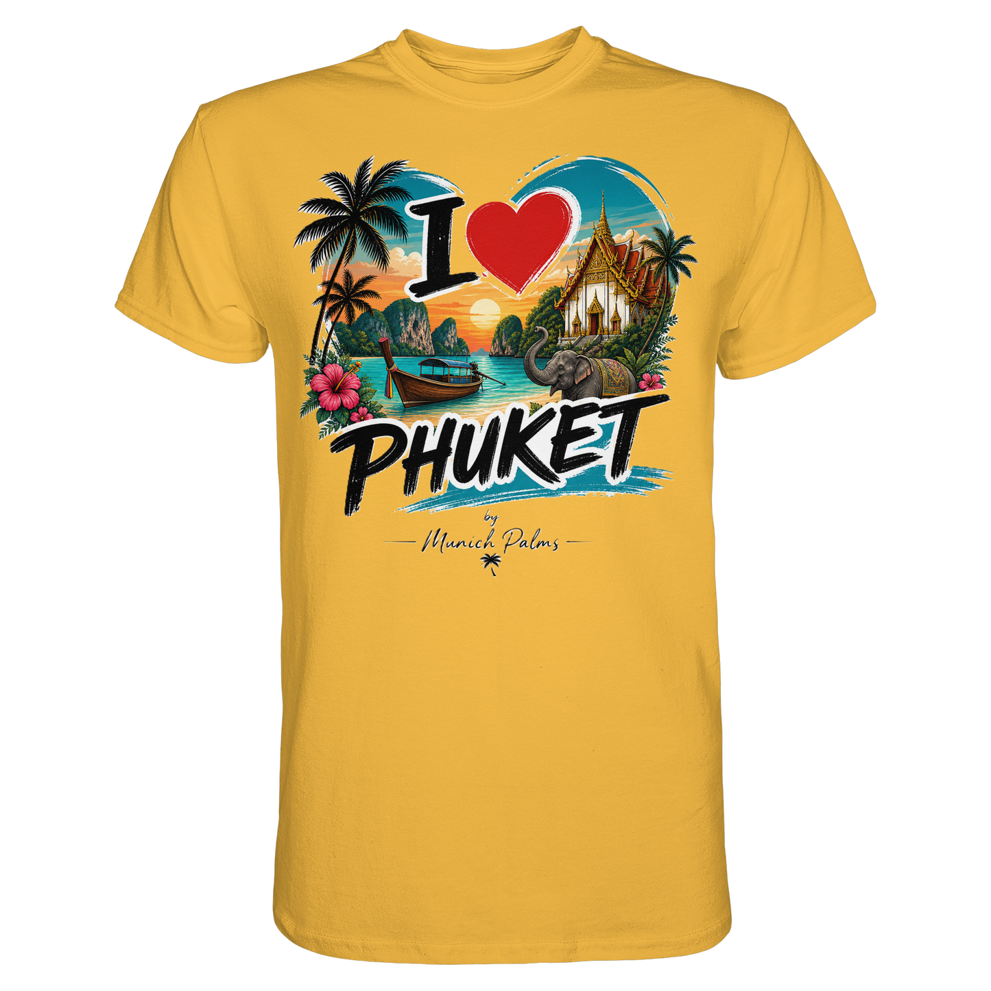 Unisex-Premium-Shirt "I love Phuket" in Gold, vorderseitig sichtbar, bequemes T-Shirt von Online Kaufhaus München.