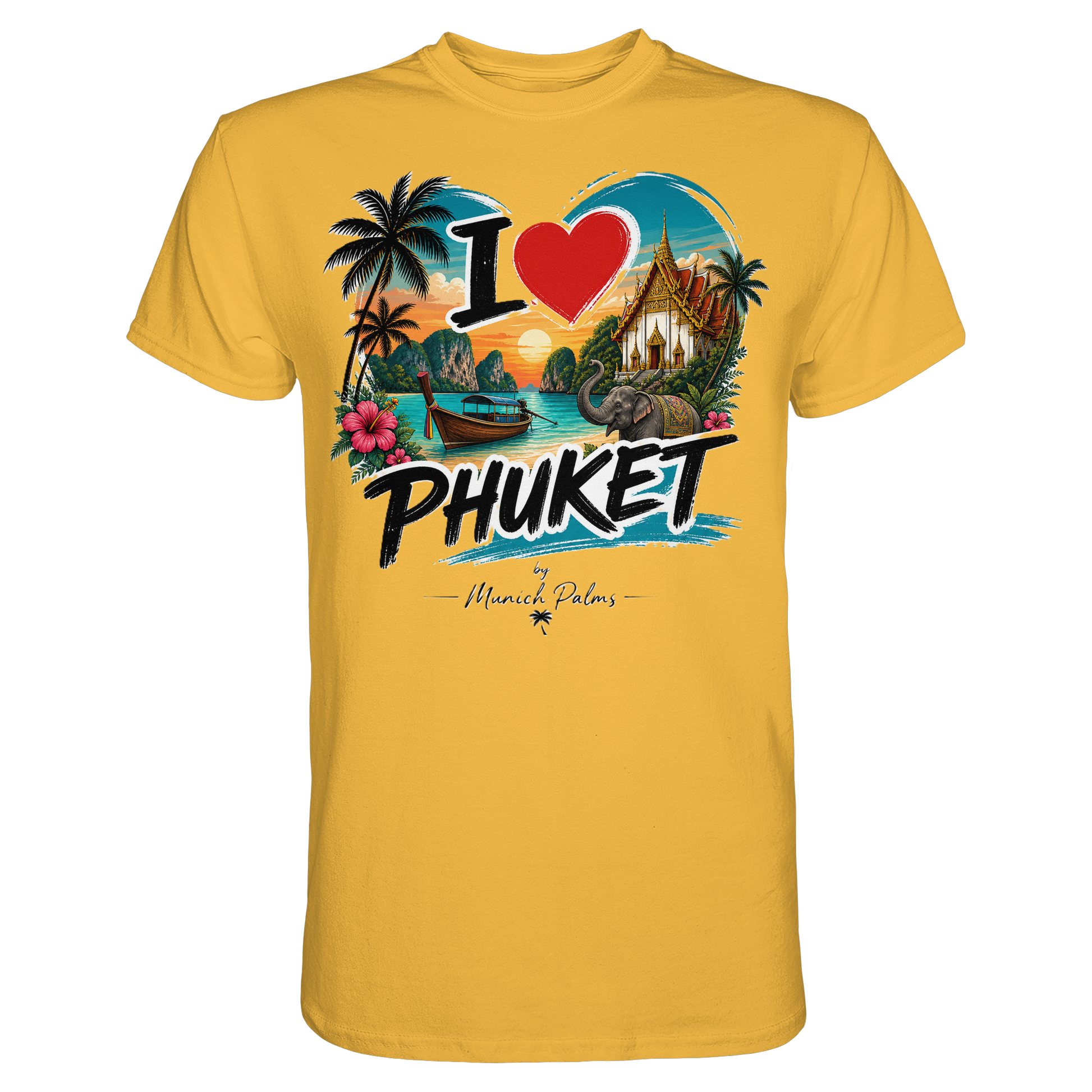 Unisex-Premium-Shirt "I love Phuket" in Gold, vorderseitig sichtbar, bequemes T-Shirt von Online Kaufhaus München.