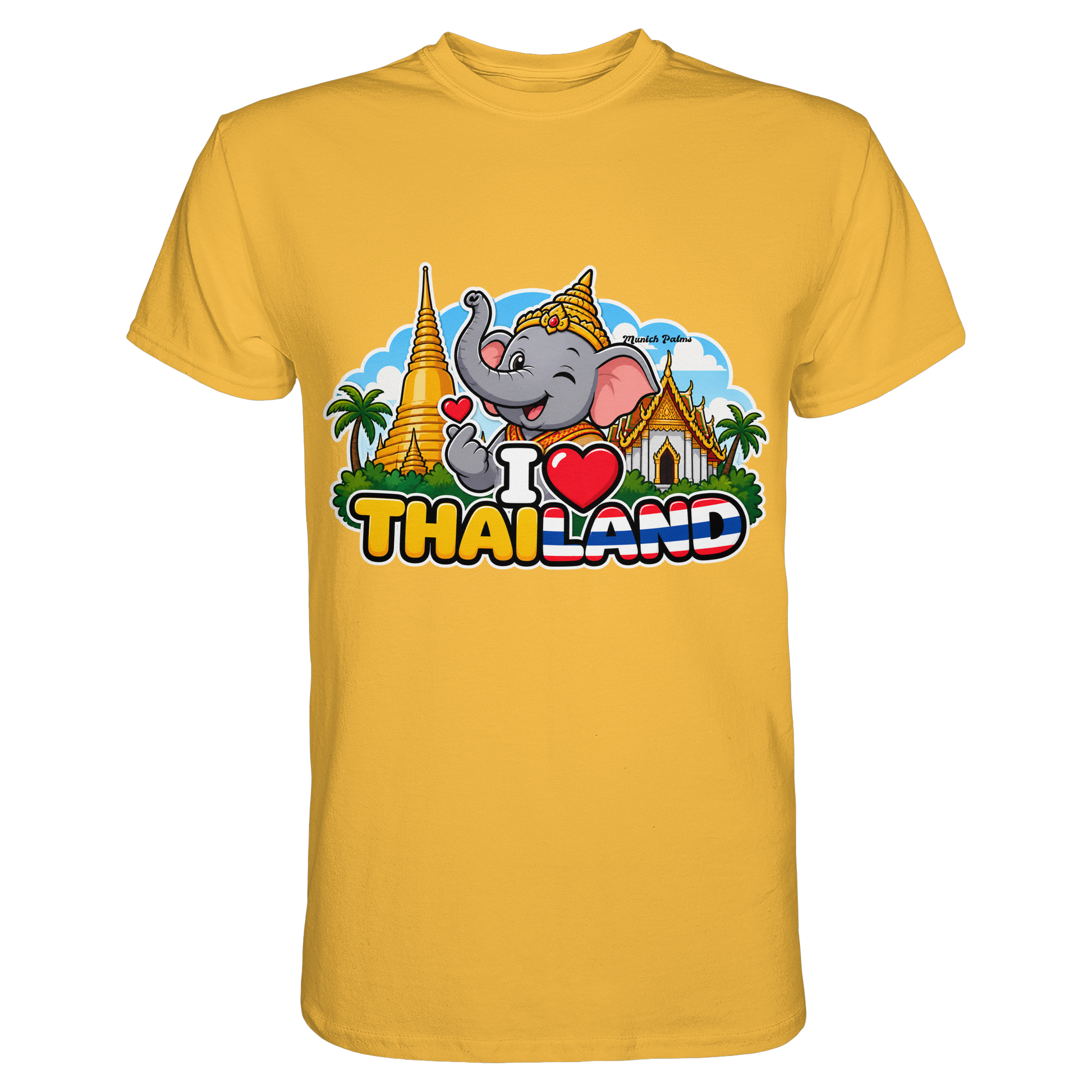 Unisex-Shirt „I Love Thailand“ mit lachendem Elefanten im Munich Palms Design, goldfarbenes Premium Shirt, frontansicht
