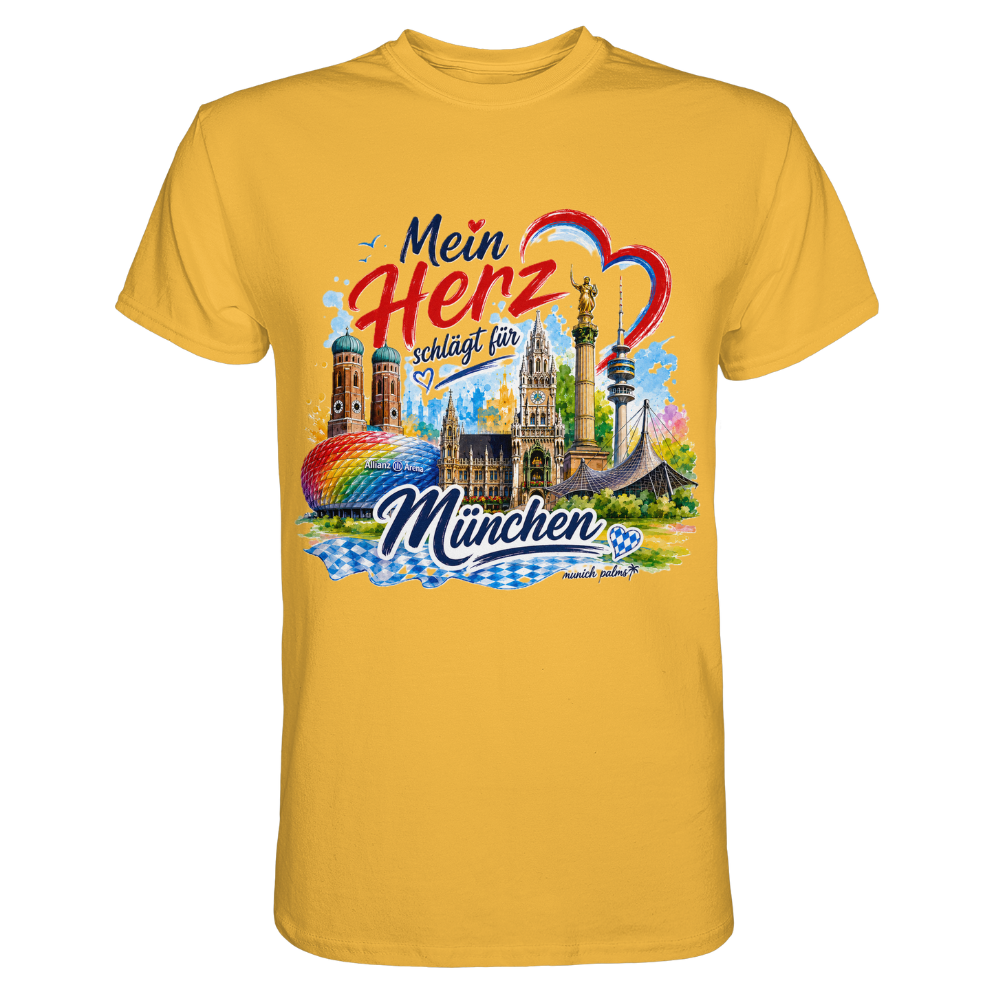 Unisex-Shirt mit buntem München-Design und Wahrzeichen, goldfarbenes Motiv, hochwertiges Premium-Shirt von Munich Palms.