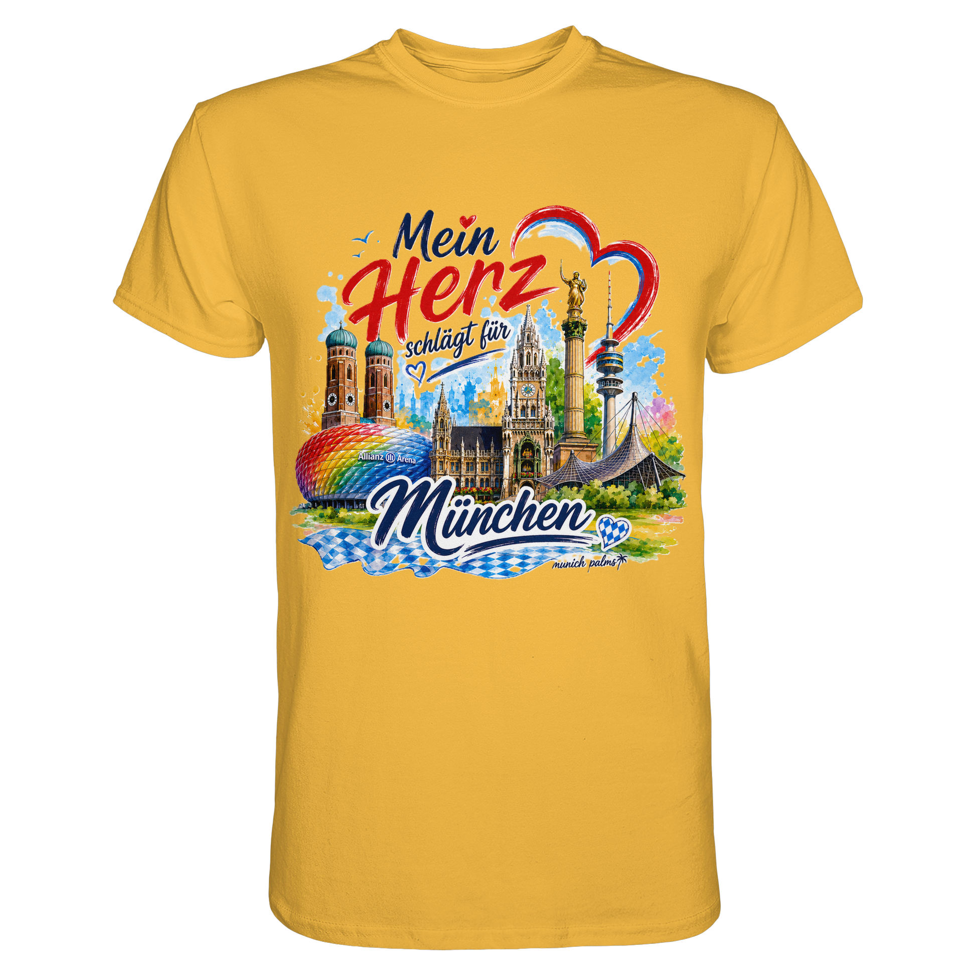 Unisex-Shirt mit buntem München-Design und Wahrzeichen, goldfarbenes Motiv, hochwertiges Premium-Shirt von Munich Palms.