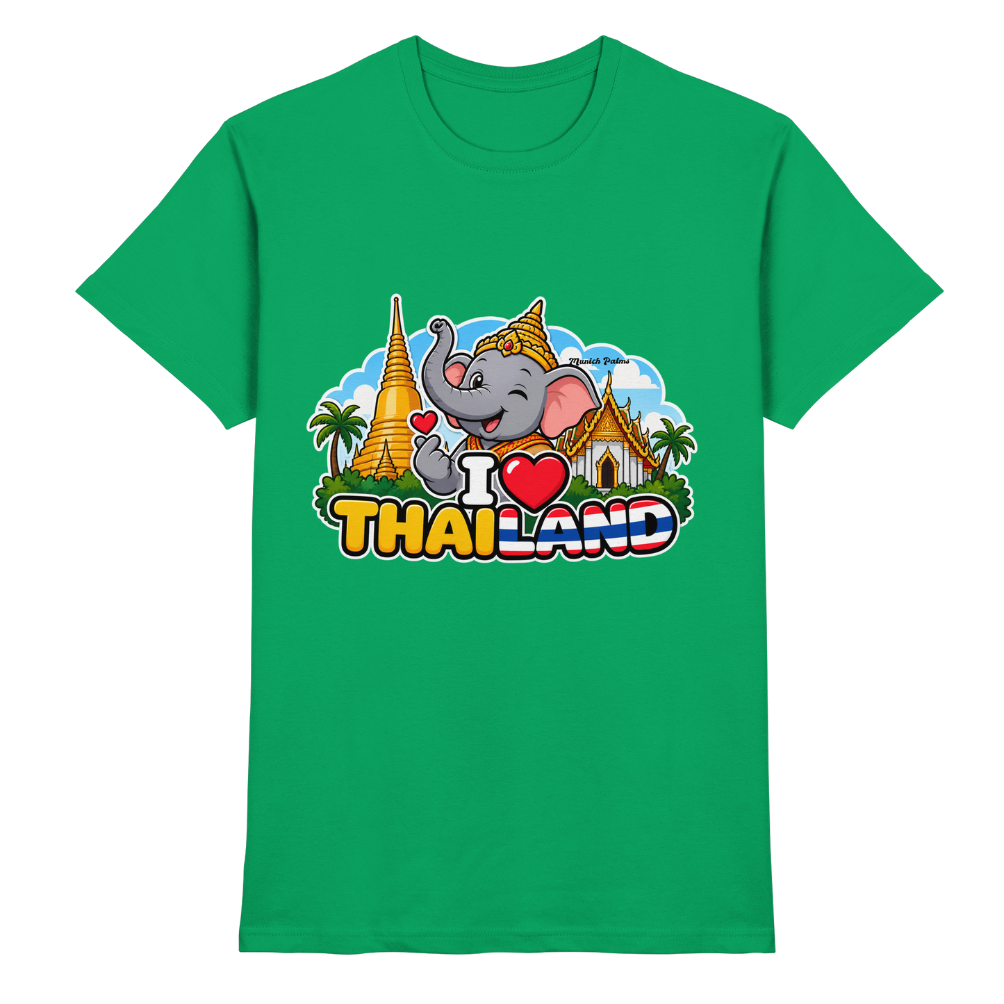 Unisex-Shirt "I Love Thailand" mit lachendem Elefanten im Munich Palms Design in Kelly-Grün, Frontansicht, hochwertiges Baumwollshirt