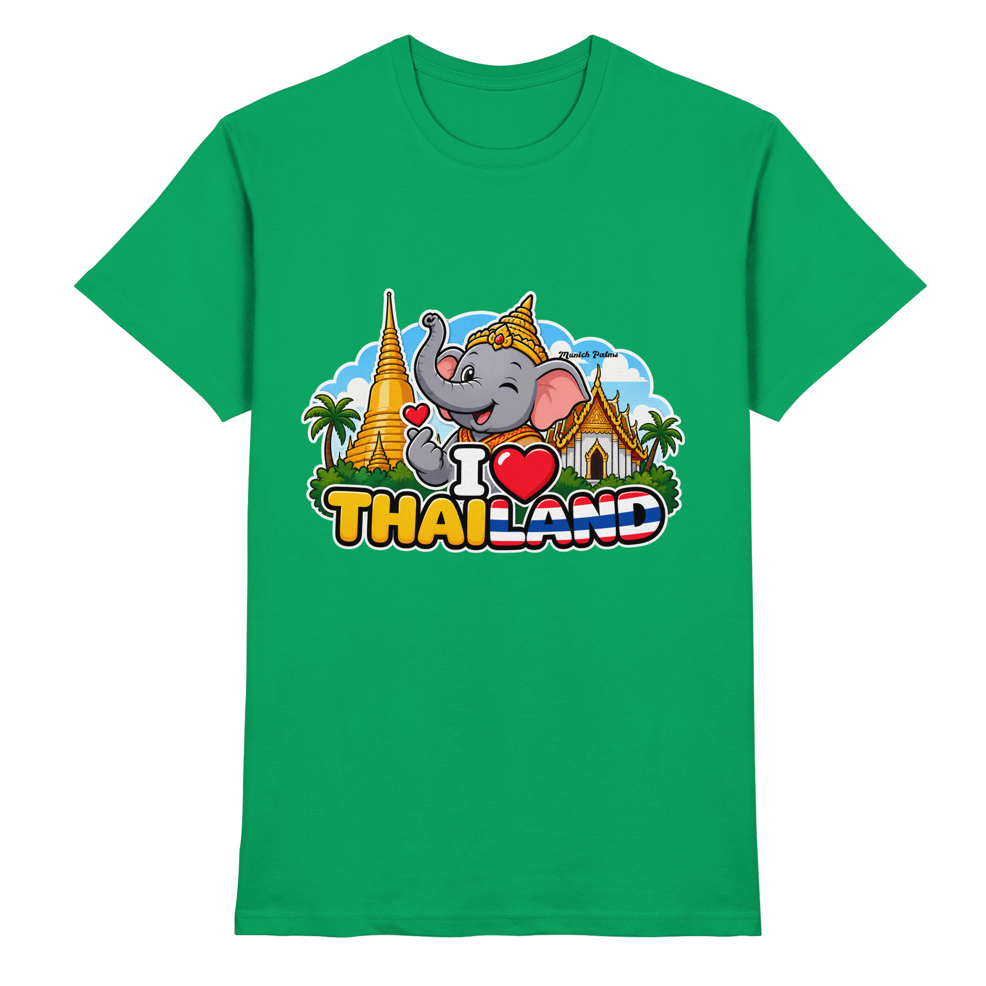 Unisex-Shirt "I Love Thailand" mit lachendem Elefanten im Munich Palms Design in Kelly-Grün, Frontansicht, hochwertiges Baumwollshirt