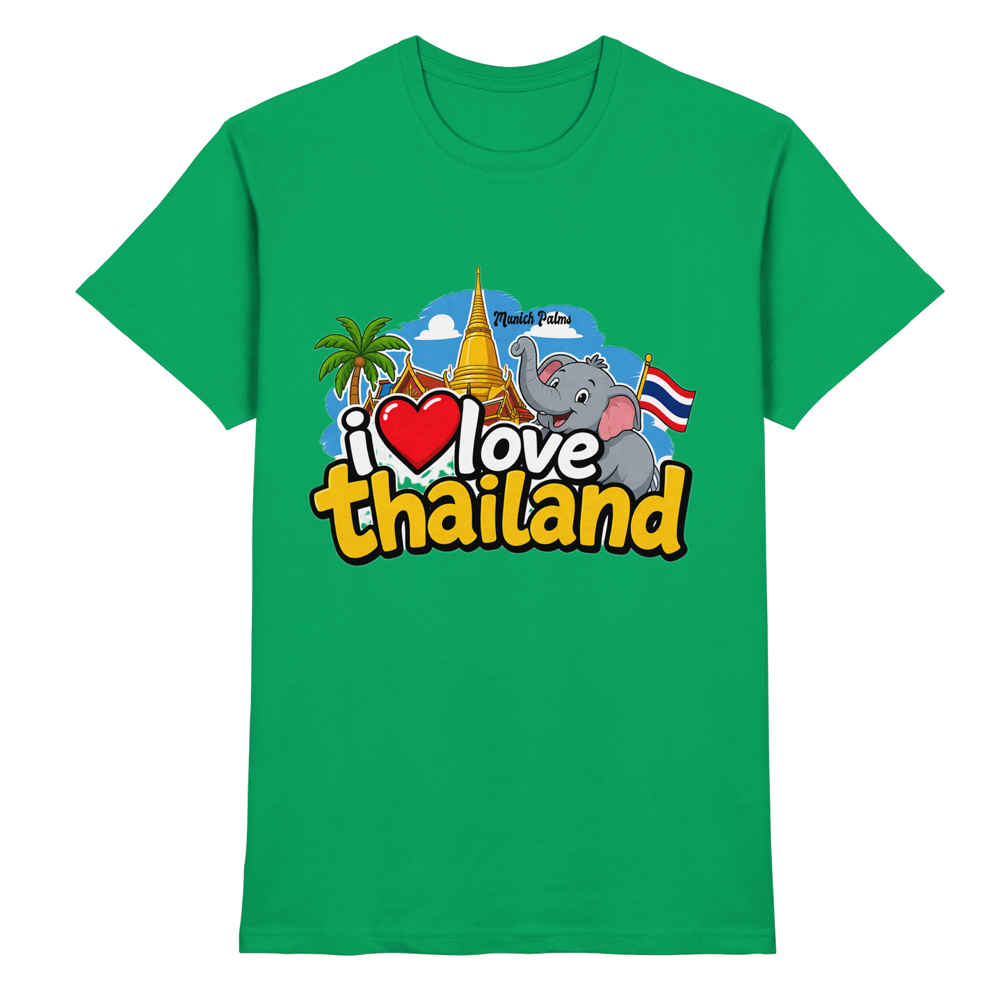 Unisex Premium-Shirt "I love Thailand" in Kelly-Grün, Vorderansicht, mit hochwertigem Stoff und stilvollem Design.