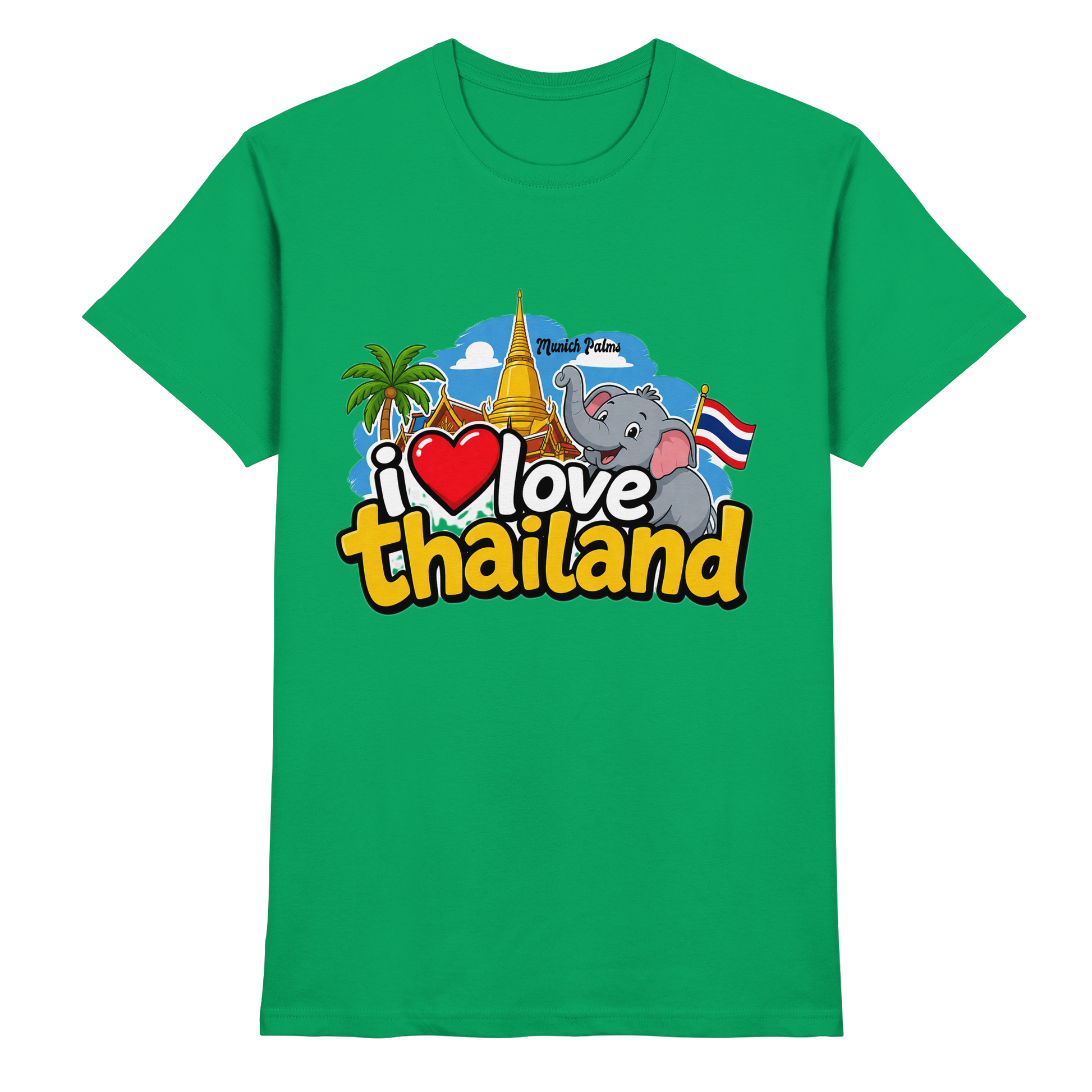 Unisex Premium-Shirt "I love Thailand" in Kelly-Grün, Vorderansicht, mit hochwertigem Stoff und stilvollem Design.