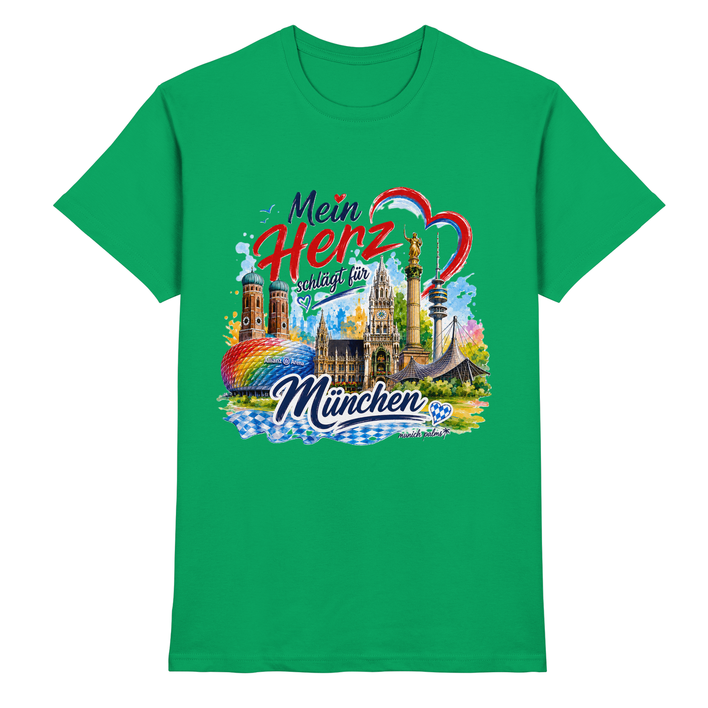 Unisex-Shirt in Kelly-Grün mit buntem Münchner Wahrzeichen-Design und Aufschrift „Mein Herz schlägt für München“ von Munich Palms
