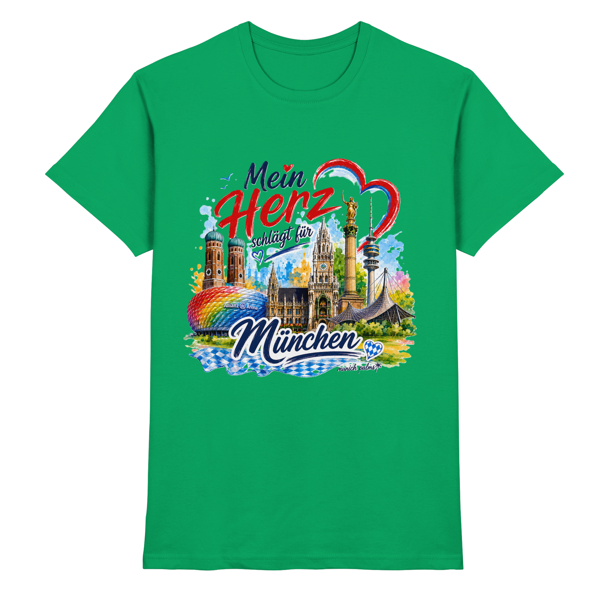 Unisex-Shirt in Kelly-Grün mit buntem Münchner Wahrzeichen-Design und Aufschrift „Mein Herz schlägt für München“ von Munich Palms