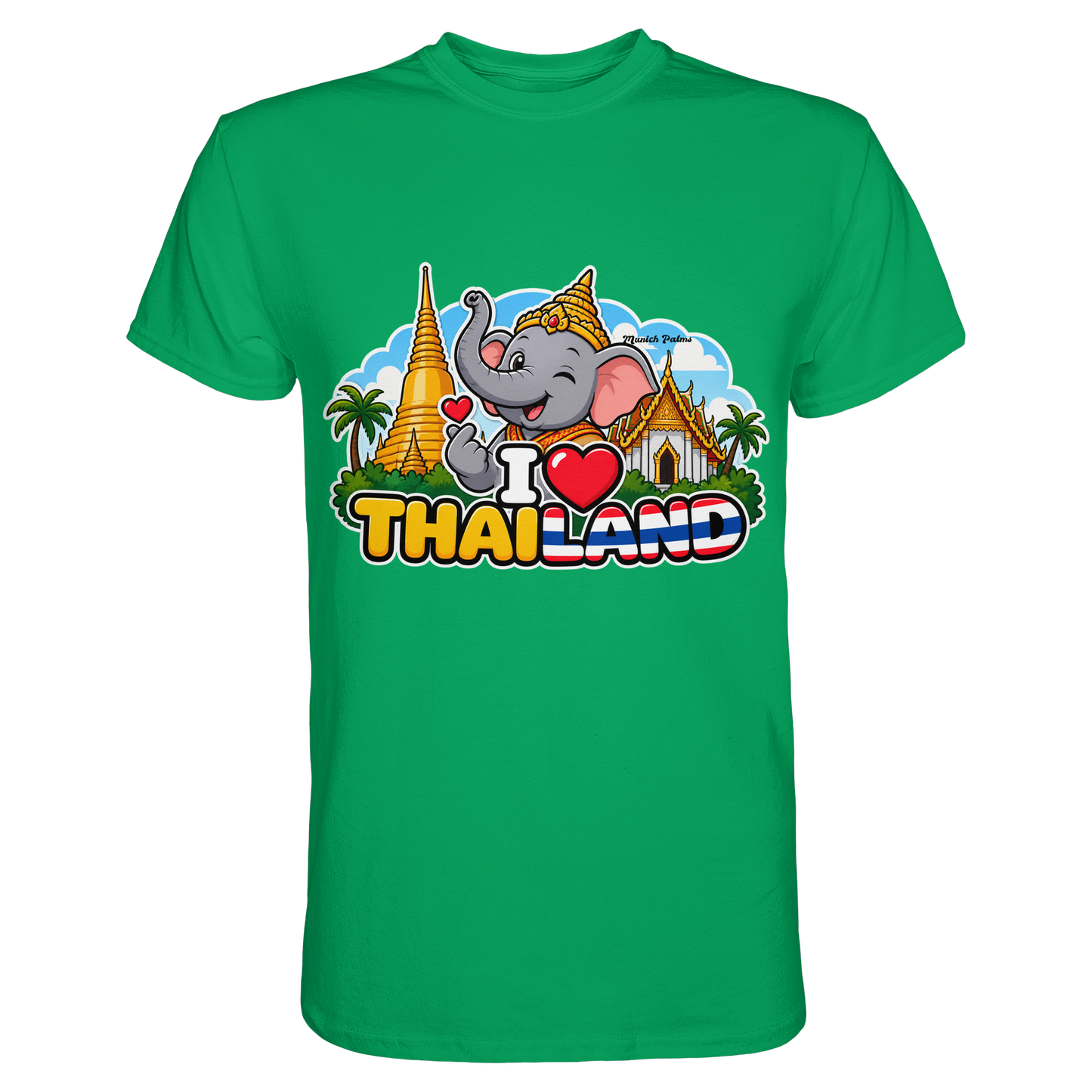 Lächelnder Elefant auf grünem Unisex-Shirt im Munich Palms Design, hochwertiges Premium Shirt von Online Kaufhaus München