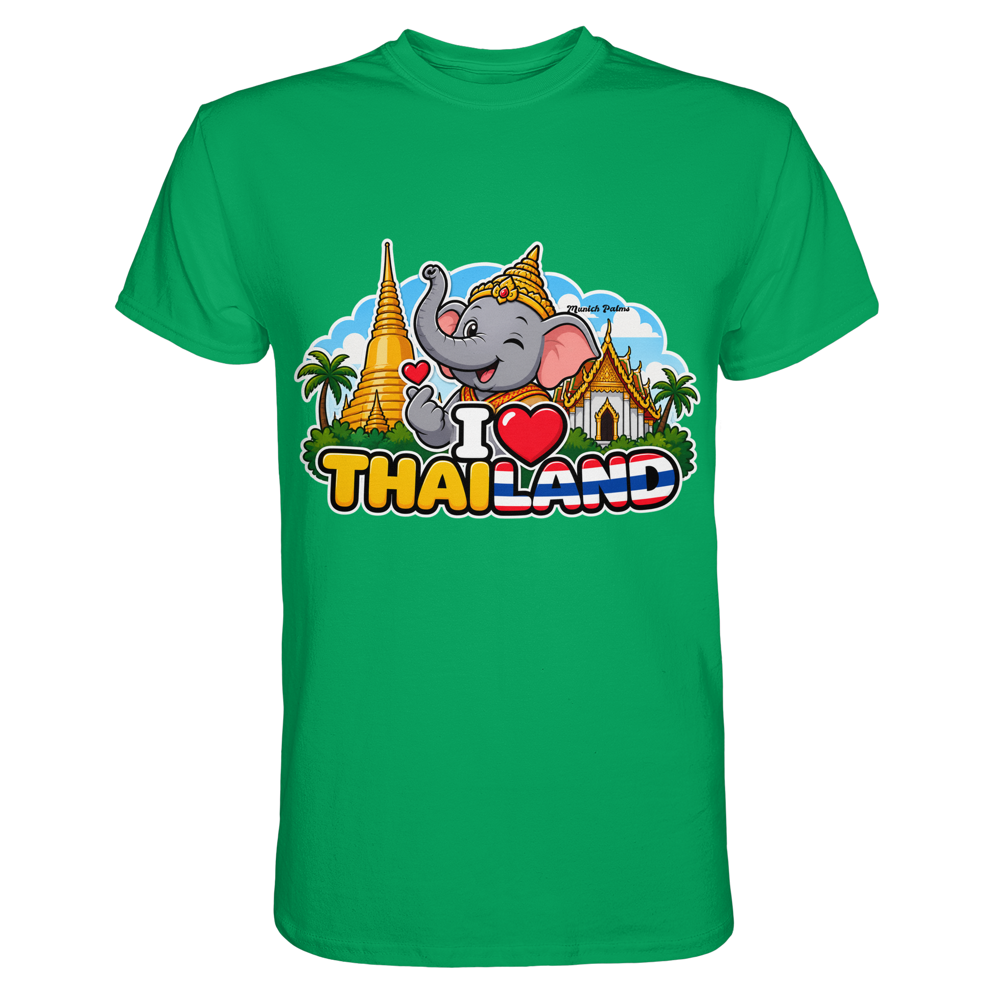 Lächelnder Elefant auf grünem Unisex-Shirt im Munich Palms Design, hochwertiges Premium Shirt von Online Kaufhaus München
