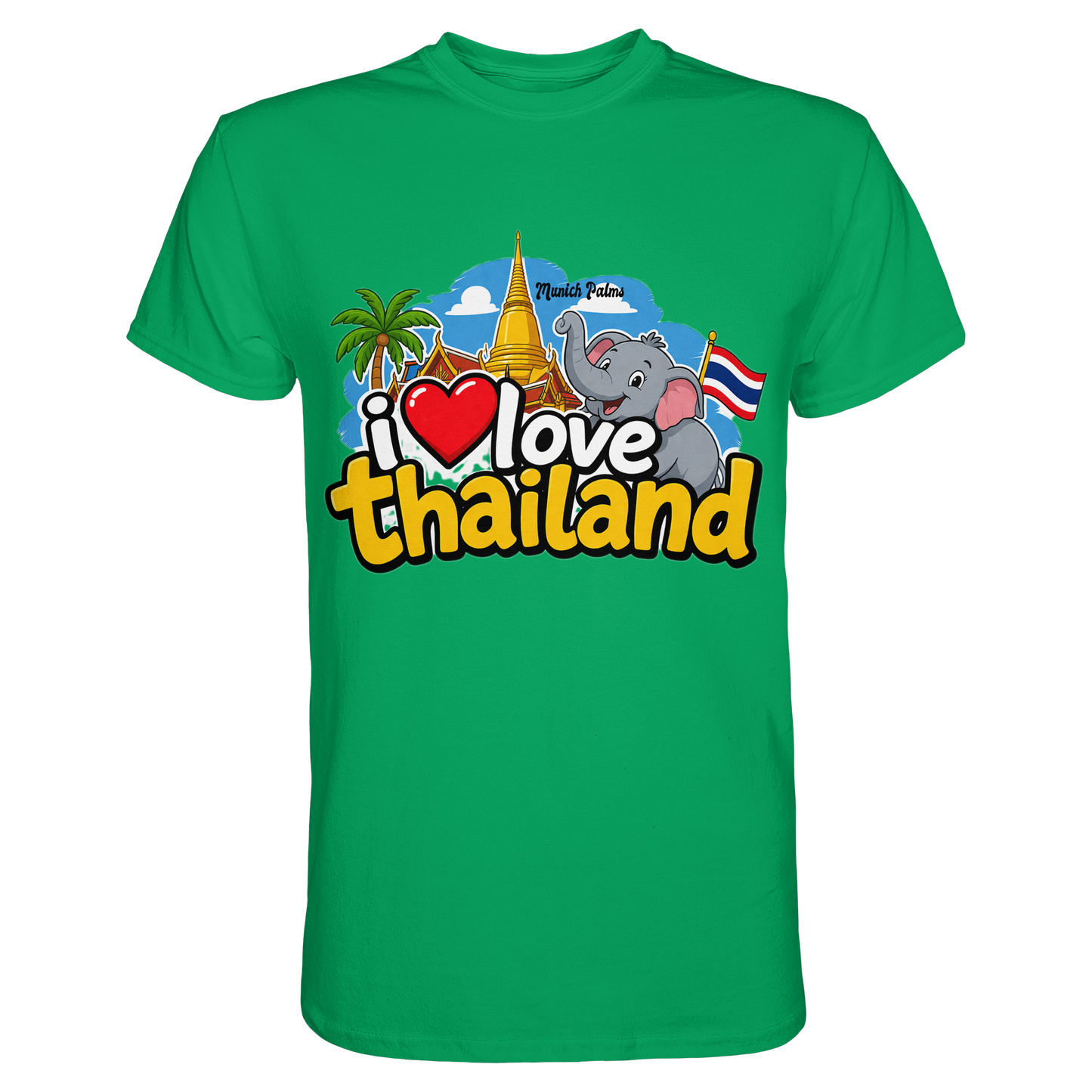 Unisex Premium-Shirt "I love Thailand" in Kelly-Grün, vorneansicht, bequemes Design, hochwertiges Material.
