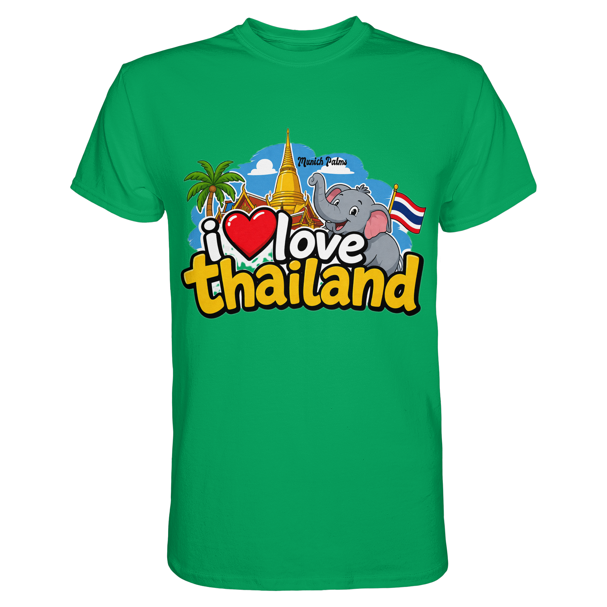 Unisex Premium-Shirt "I love Thailand" in Kelly-Grün, vorneansicht, bequemes Design, hochwertiges Material.