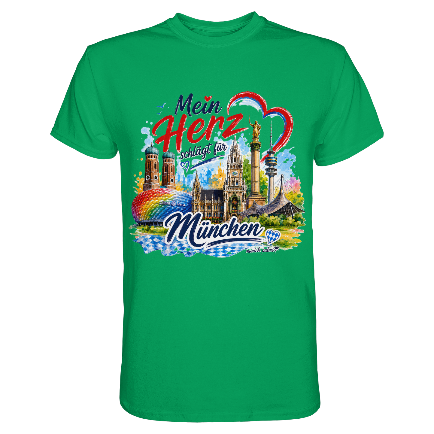 Unisex-Shirt in Kelly-Grün mit buntem München Design und Wahrzeichen, hochwertiges Premium-Shirt von Munich Palms.