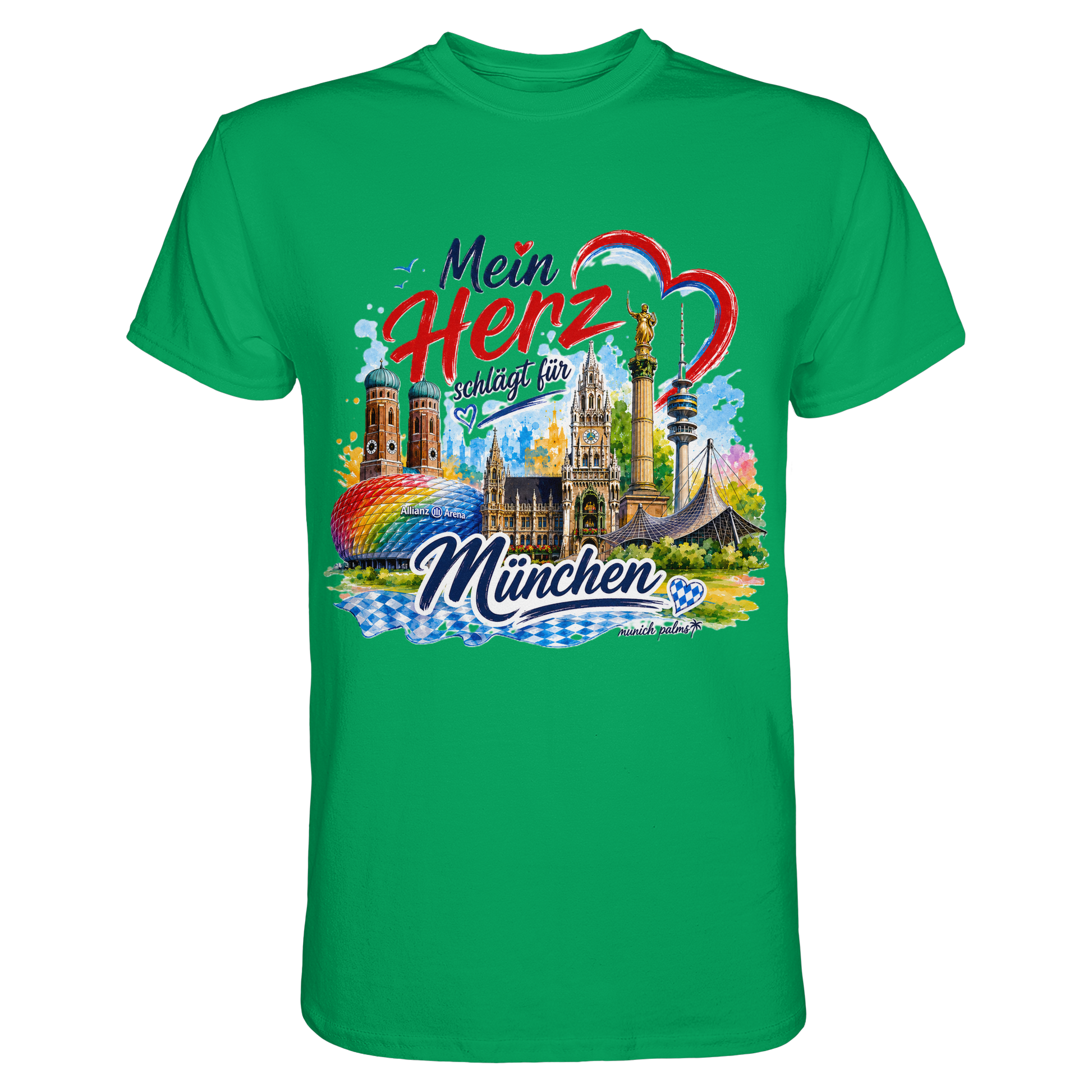 Unisex-Shirt in Kelly-Grün mit buntem München Design und Wahrzeichen, hochwertiges Premium-Shirt von Munich Palms.