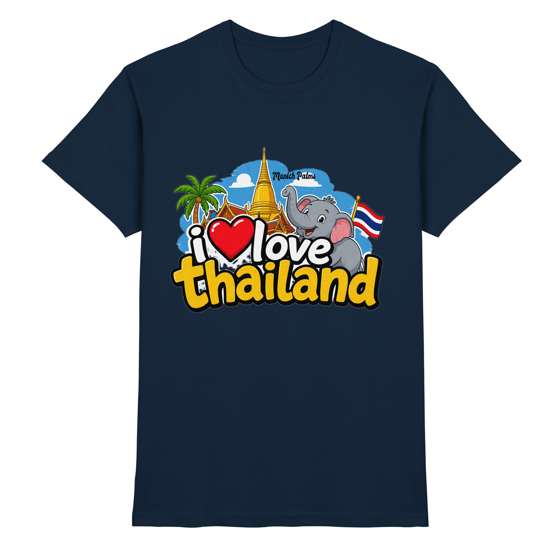Unisex Premium-Shirt "I love Thailand" in Navy, Vorderansicht, hochwertiges T-Shirt vom Online Kaufhaus München.