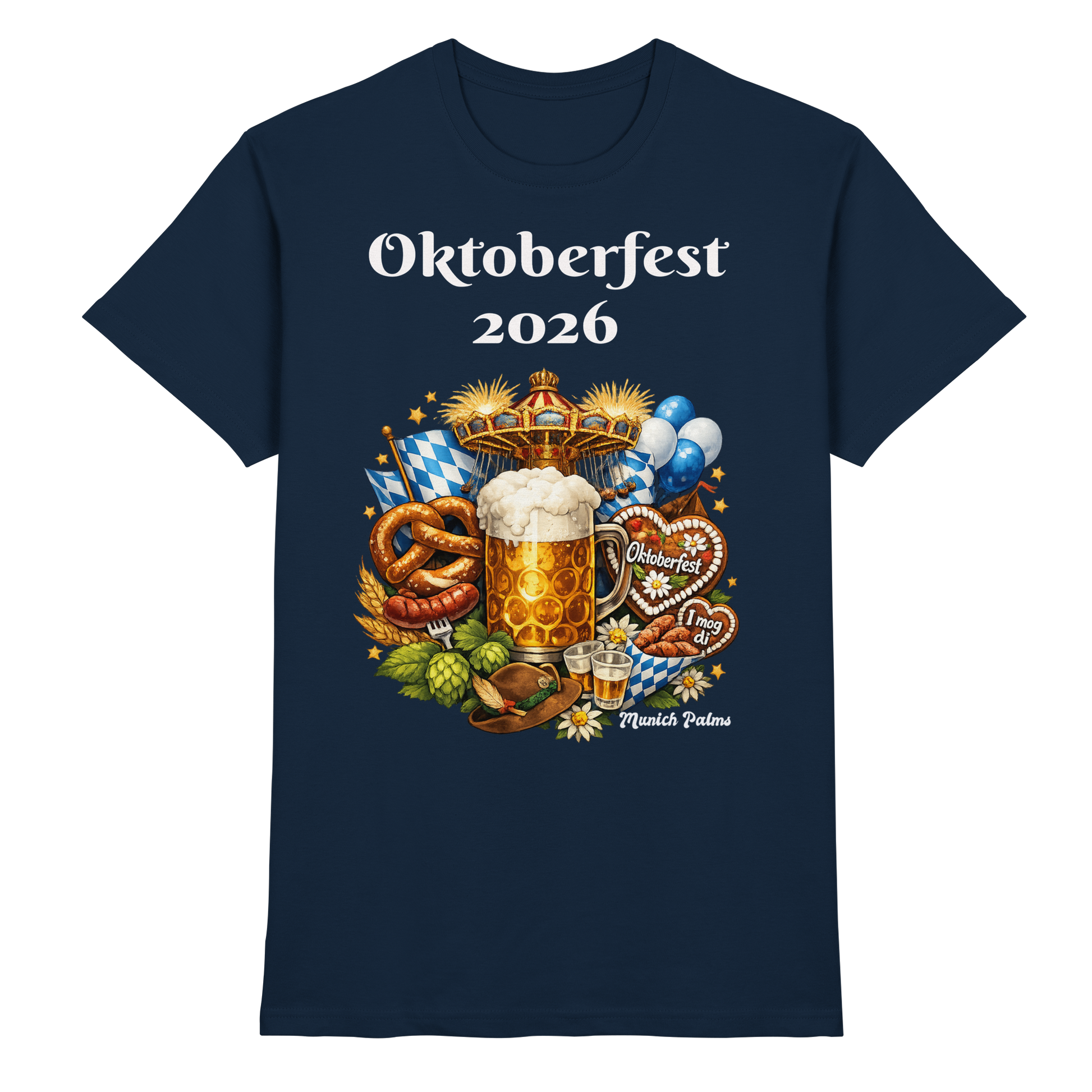 Unisex-Oktoberfest 2026 Munich Design Premium-Shirt in Navy, vorne sichtbar, mit traditionellem Oktoberfest-Motiv.
